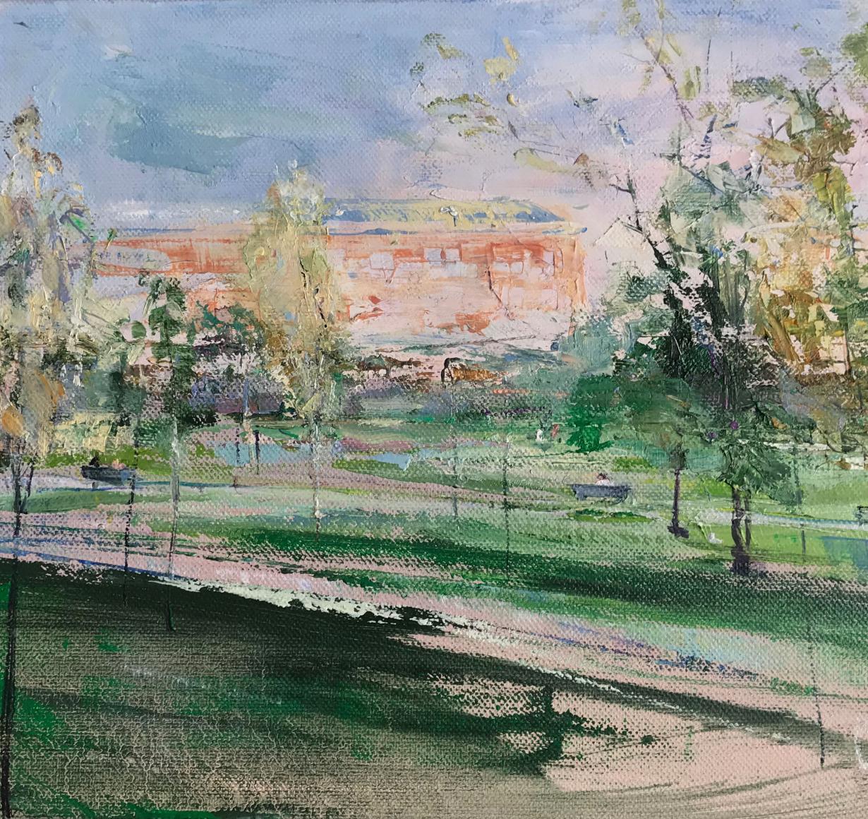 Park on the Turnaround , City Scene, Oil , Urban, Early Fall , Park in the City - Impressionist Painting by Olga Porter