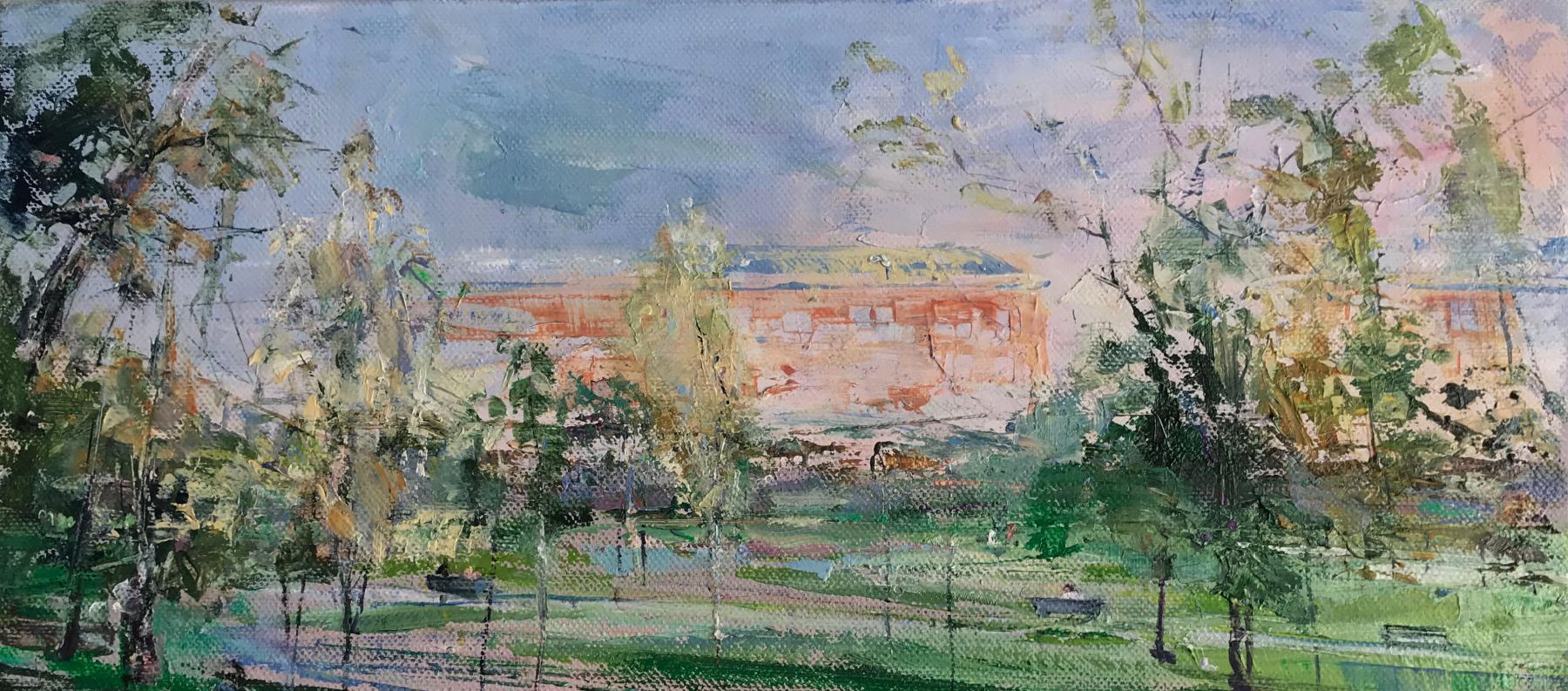 Residential Park, City Scene, Oil , Urban, Early September , Park - Painting by Olga Porter