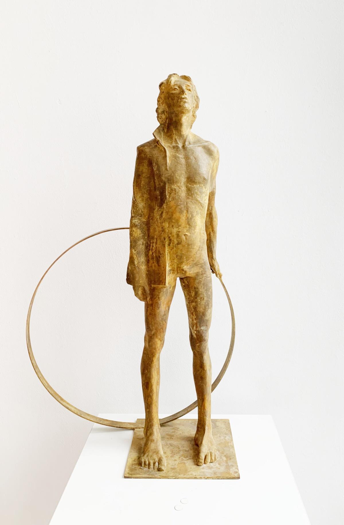 Boy with a hoop. Figurative bronze sculpture, Polish art, Limited edition