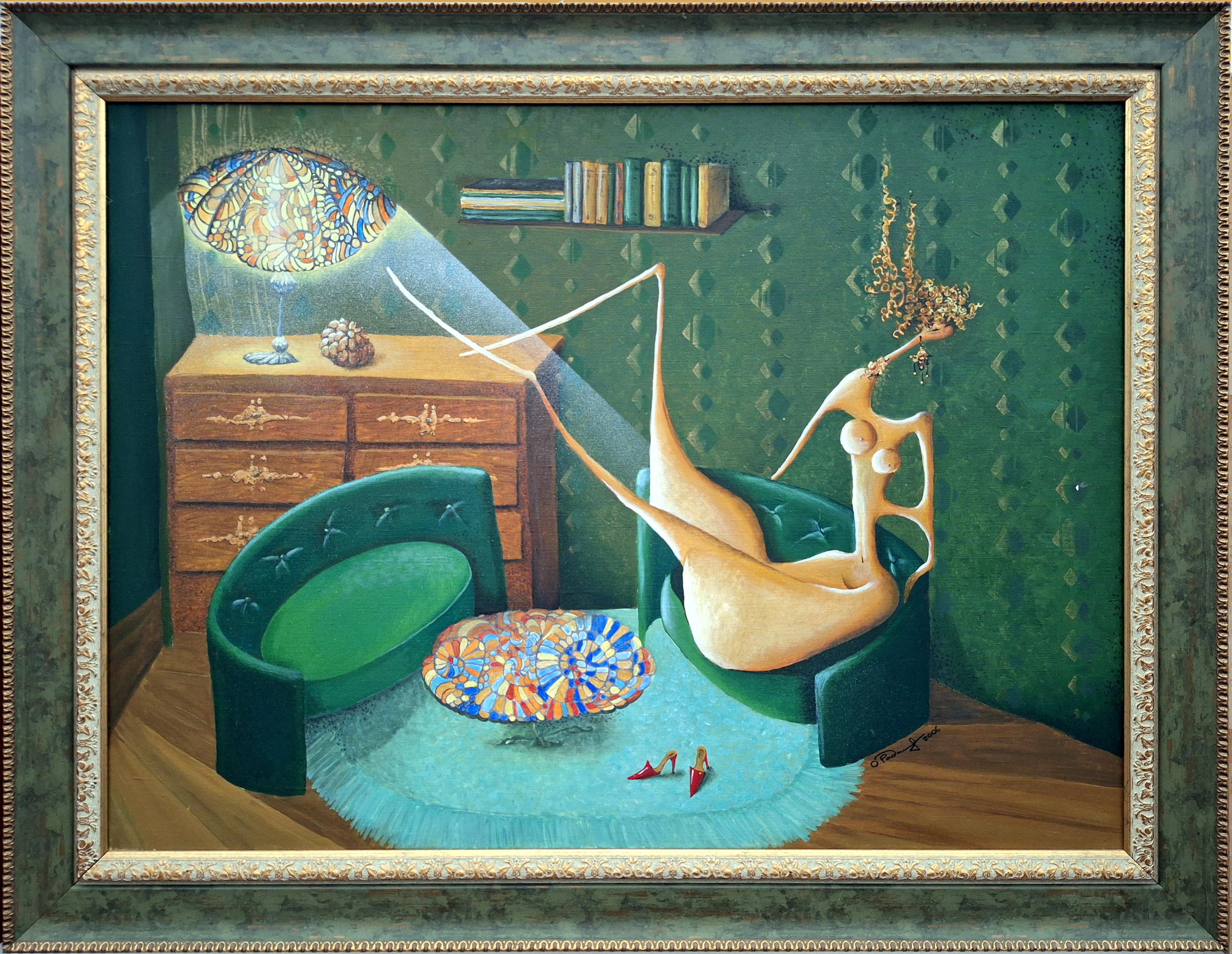 Lady in a Green Room Gemälde, Abstrakter Stil, Gerahmt, 60x80 cm