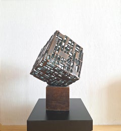Abstract Bronze Cube Sculpture, Geometric Form, Unique, 2005, 42x25 cm