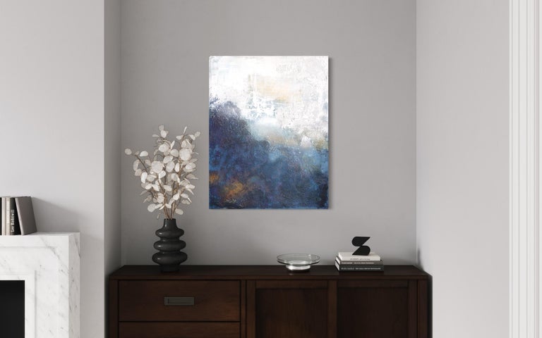 Blue Fog, Abstract Original Art Painting - Gray Abstract Painting by Olga Rikun
