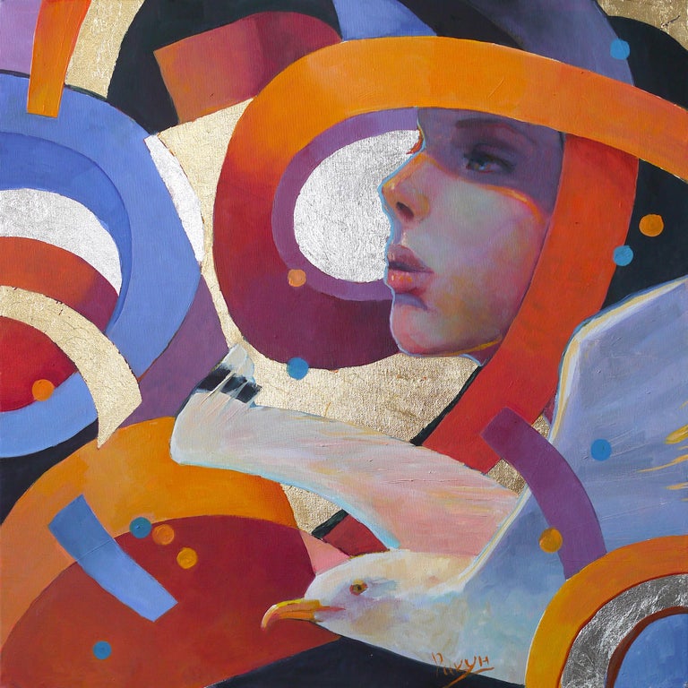 Olga Rikun Portrait Painting - Orange Sky, Abstract Original Art Painting