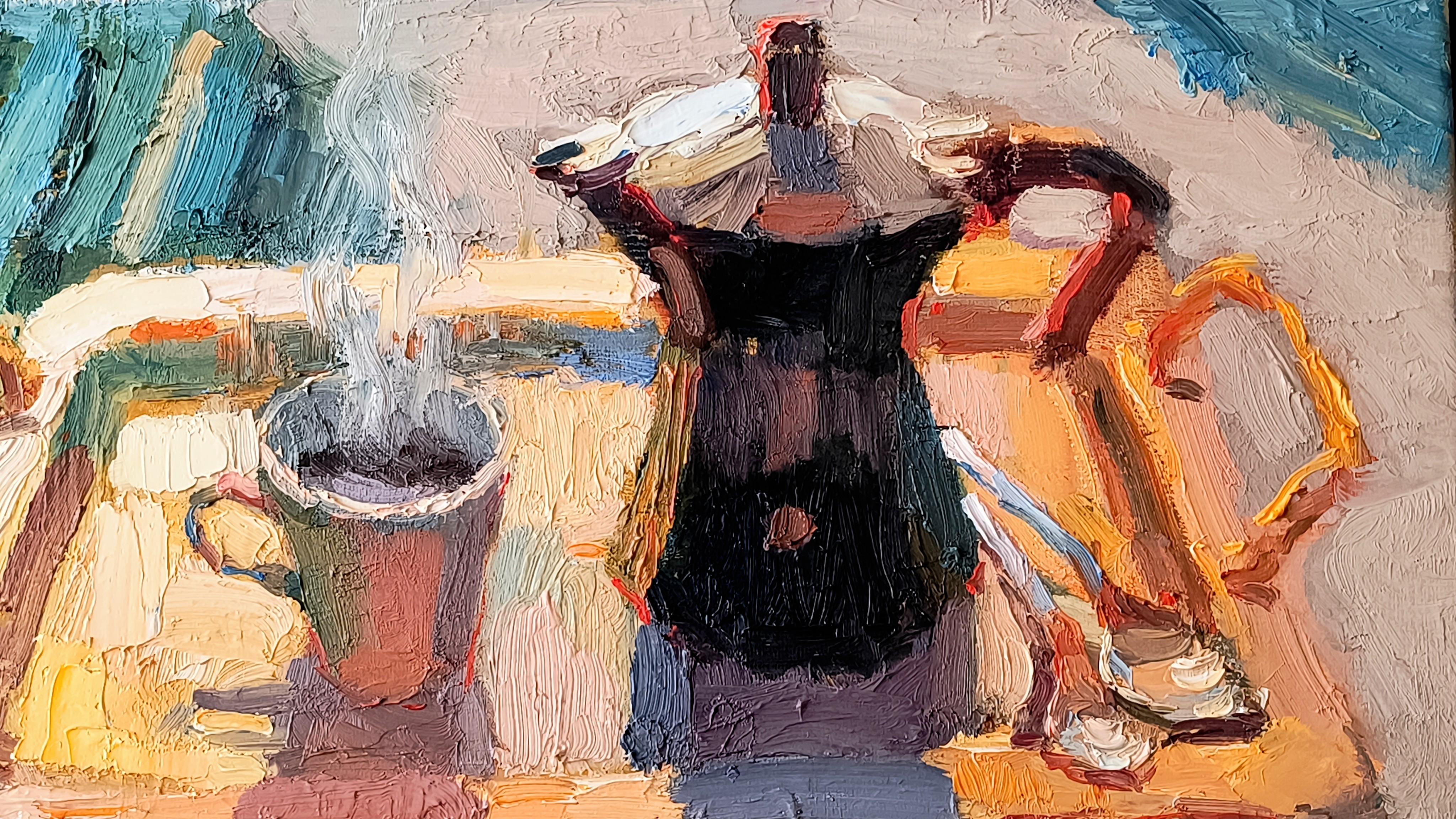 Buongiorno. Nature morte, impressionnisme, horizontale, café - Impressionnisme Painting par Olga Silivanchyk