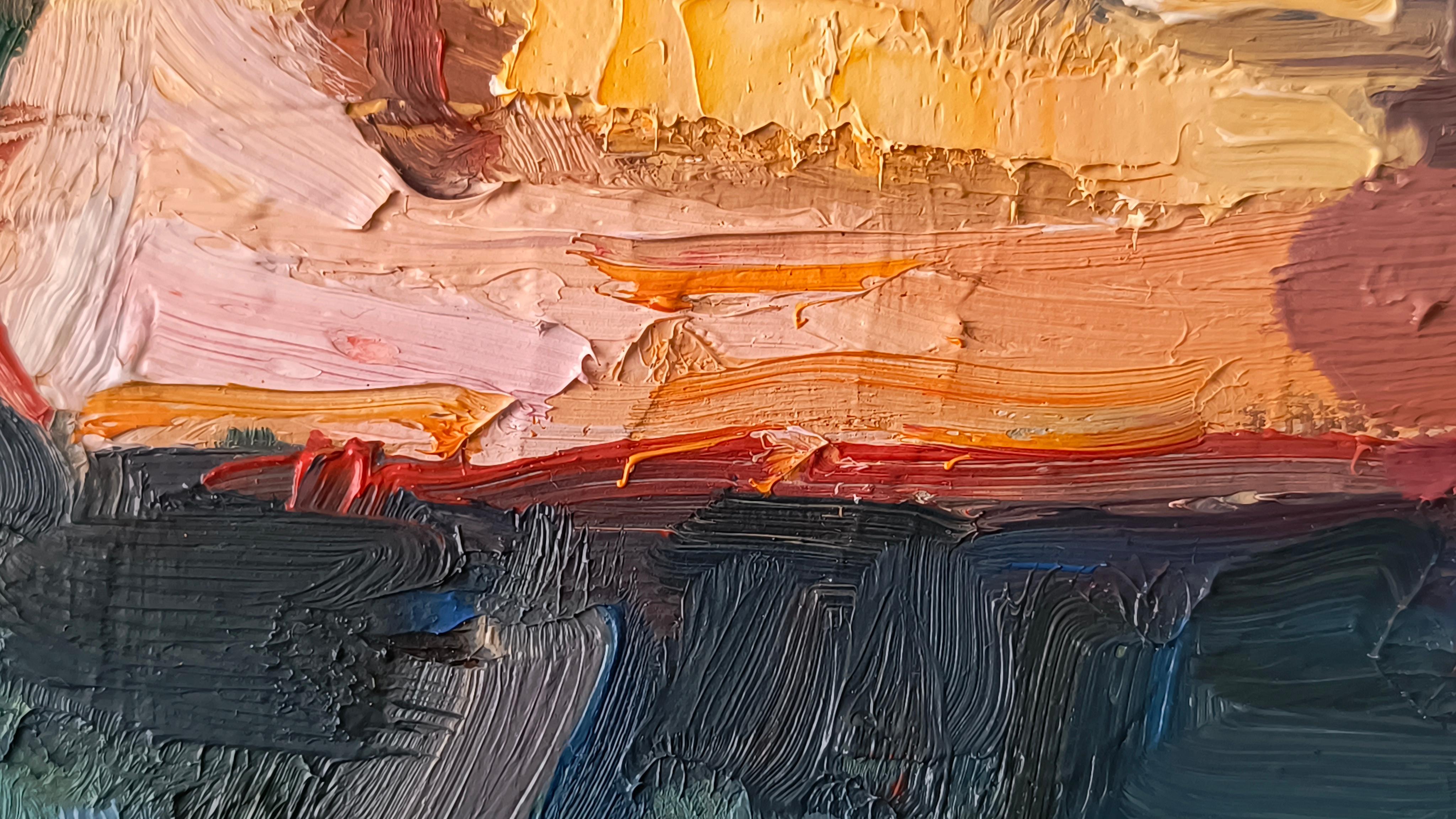 Cette nature morte à l'huile sur toile a été peinte d'après nature et capture l'essence d'un matin frais. La composition présente une cafetière Moka, une tasse de café fraîchement préparé et un plateau en métal brillant reflétant la douce lumière du