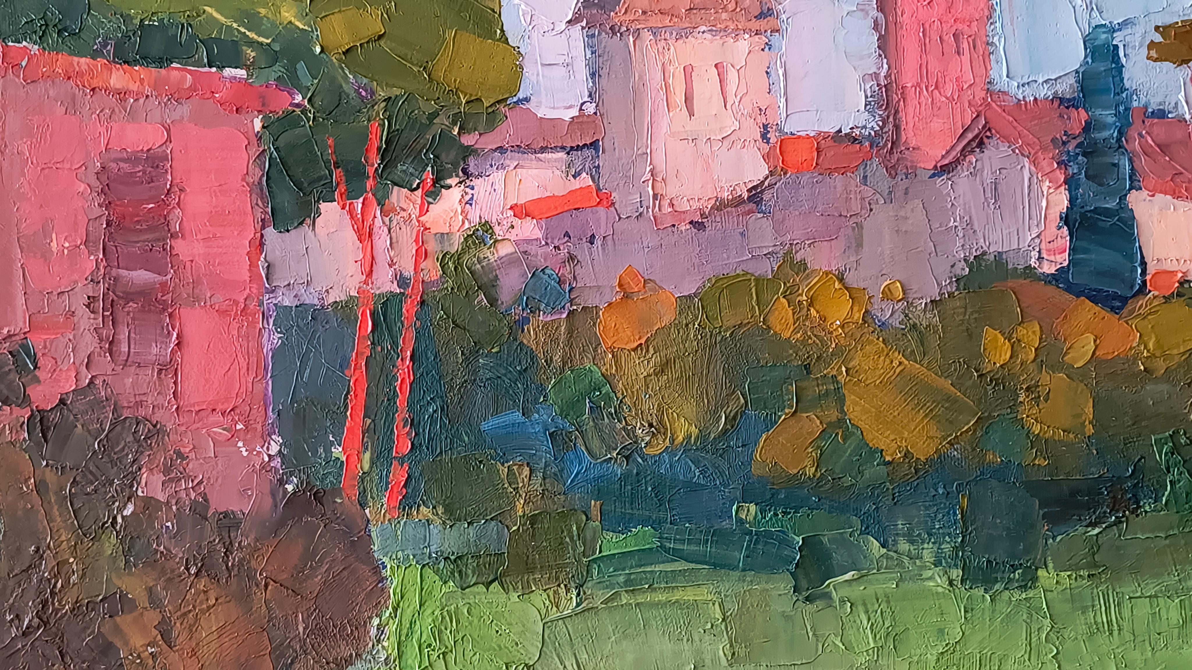 Evening light. Landscape painting, impressionism, horizontal, city, lake For Sale 1