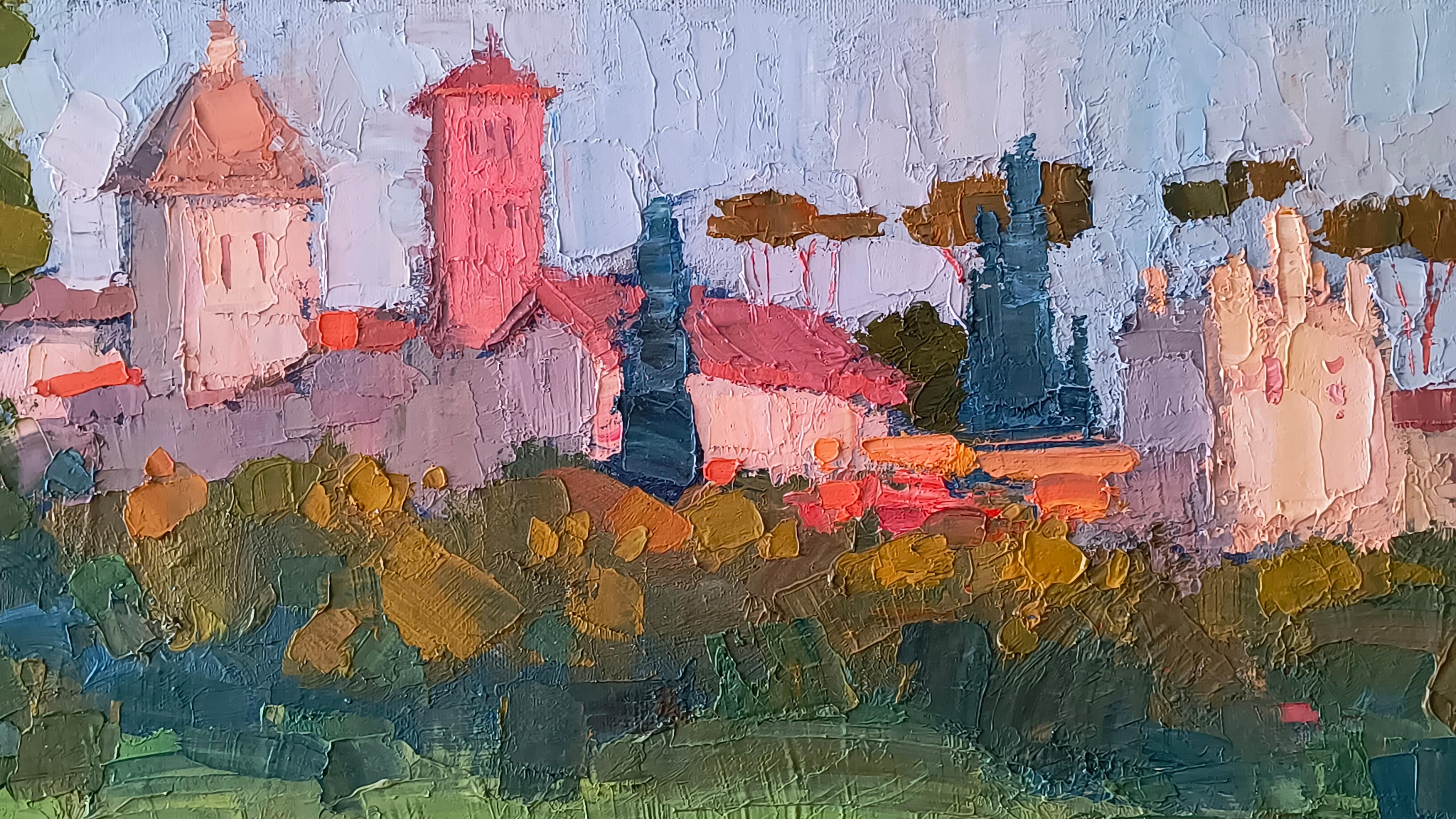 Evening light. Landscape painting, impressionism, horizontal, city, lake For Sale 2
