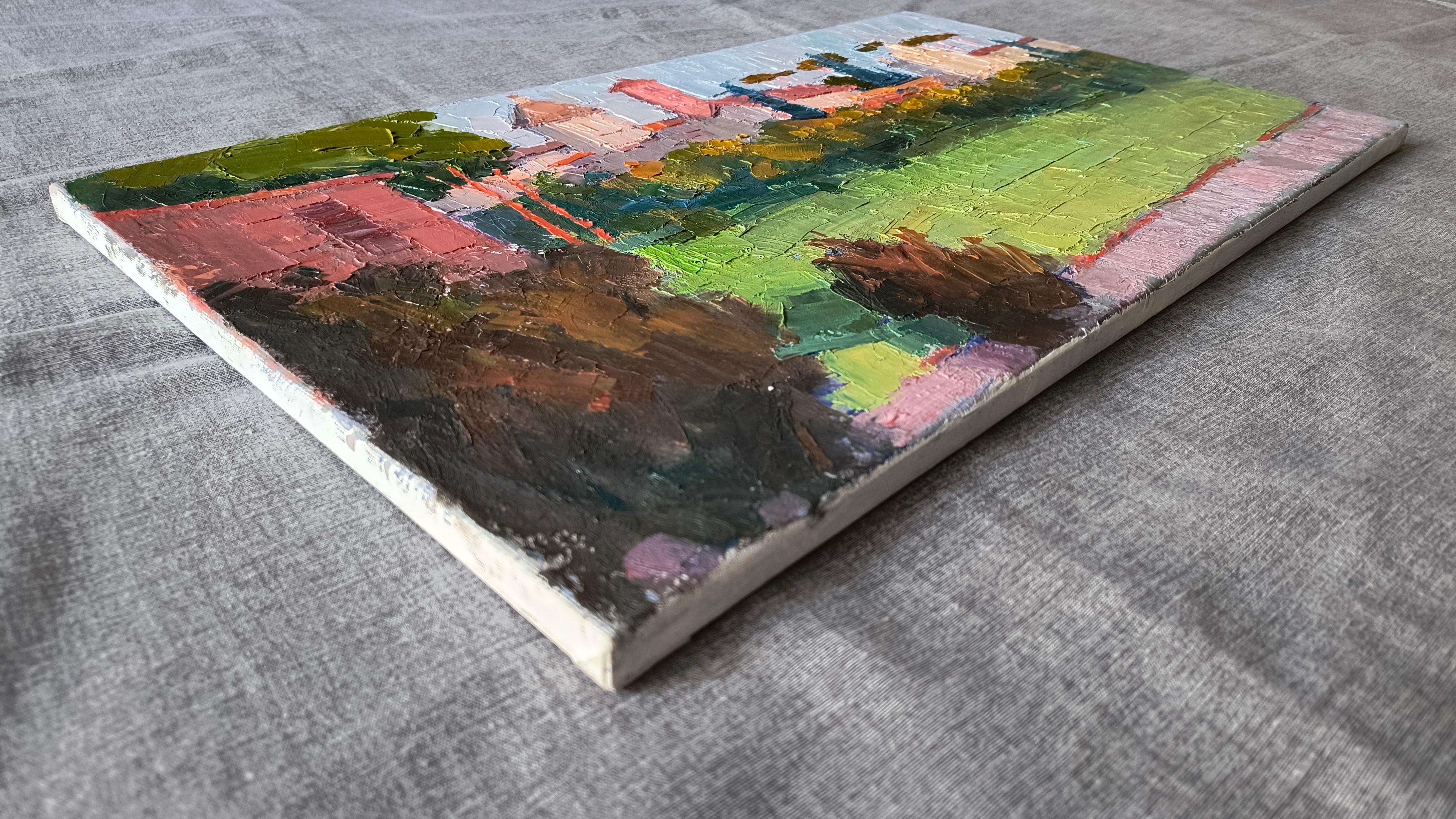 Evening light. Landscape painting, impressionism, horizontal, city, lake For Sale 4