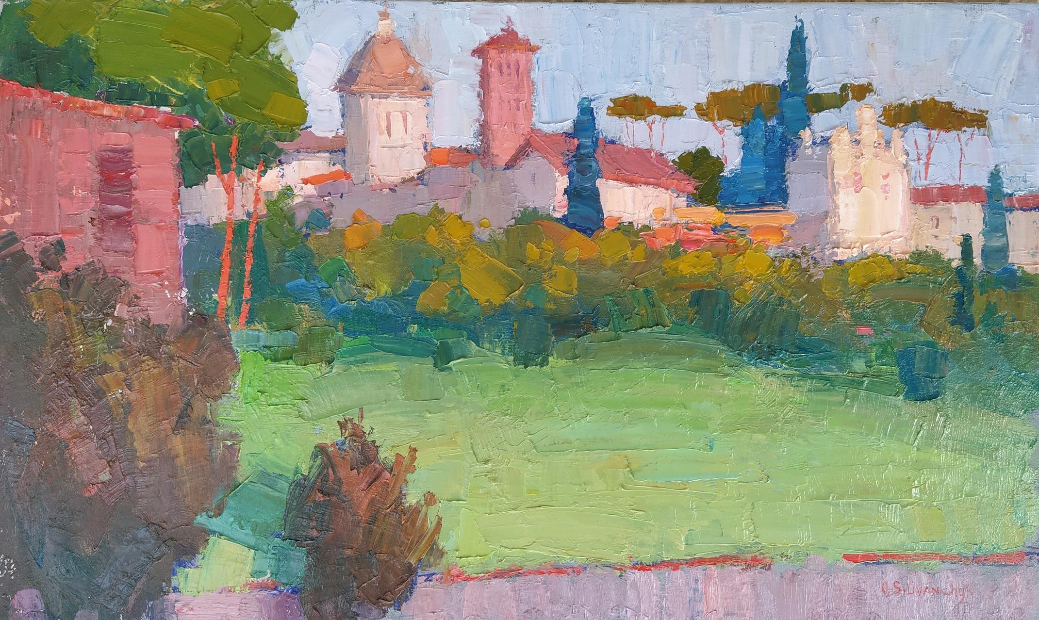 Olga Silivanchyk Landscape Painting - Evening light. Landscape painting, impressionism, horizontal, city, lake