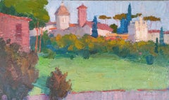 Evening light. Landscape painting, impressionism, horizontal, city, lake