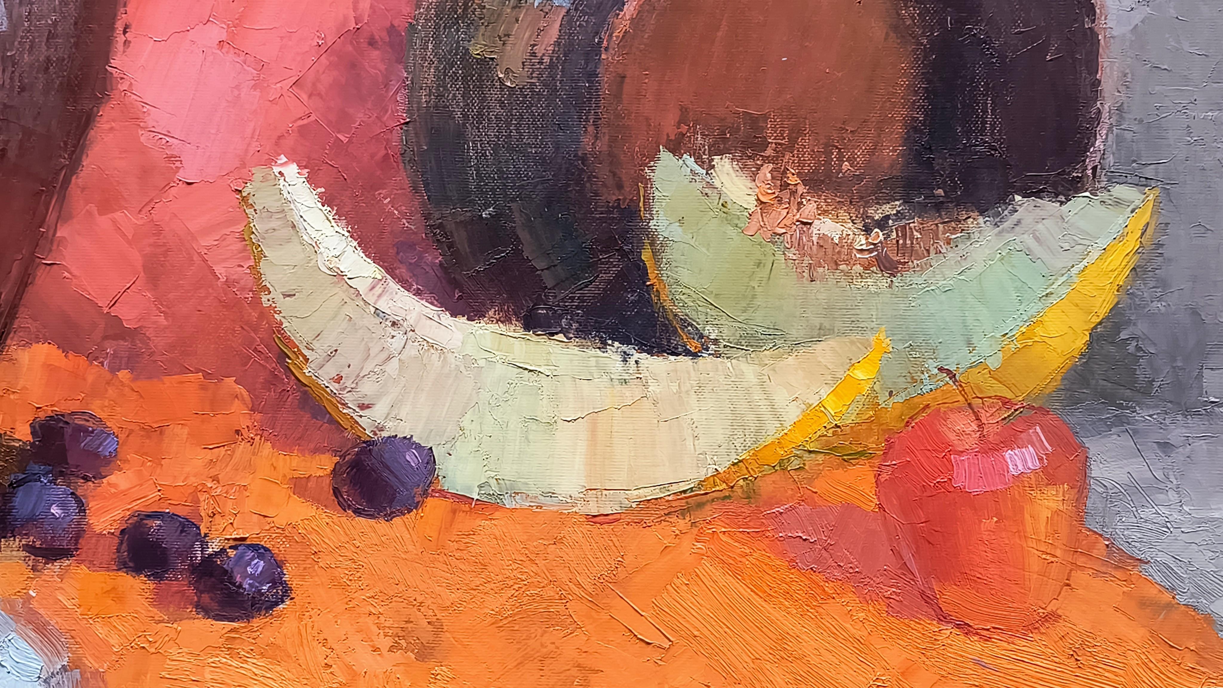 Fetta di melone. still life, oil painting, impressionism, fruits, southern art. - Impressionist Painting by Olga Silivanchyk
