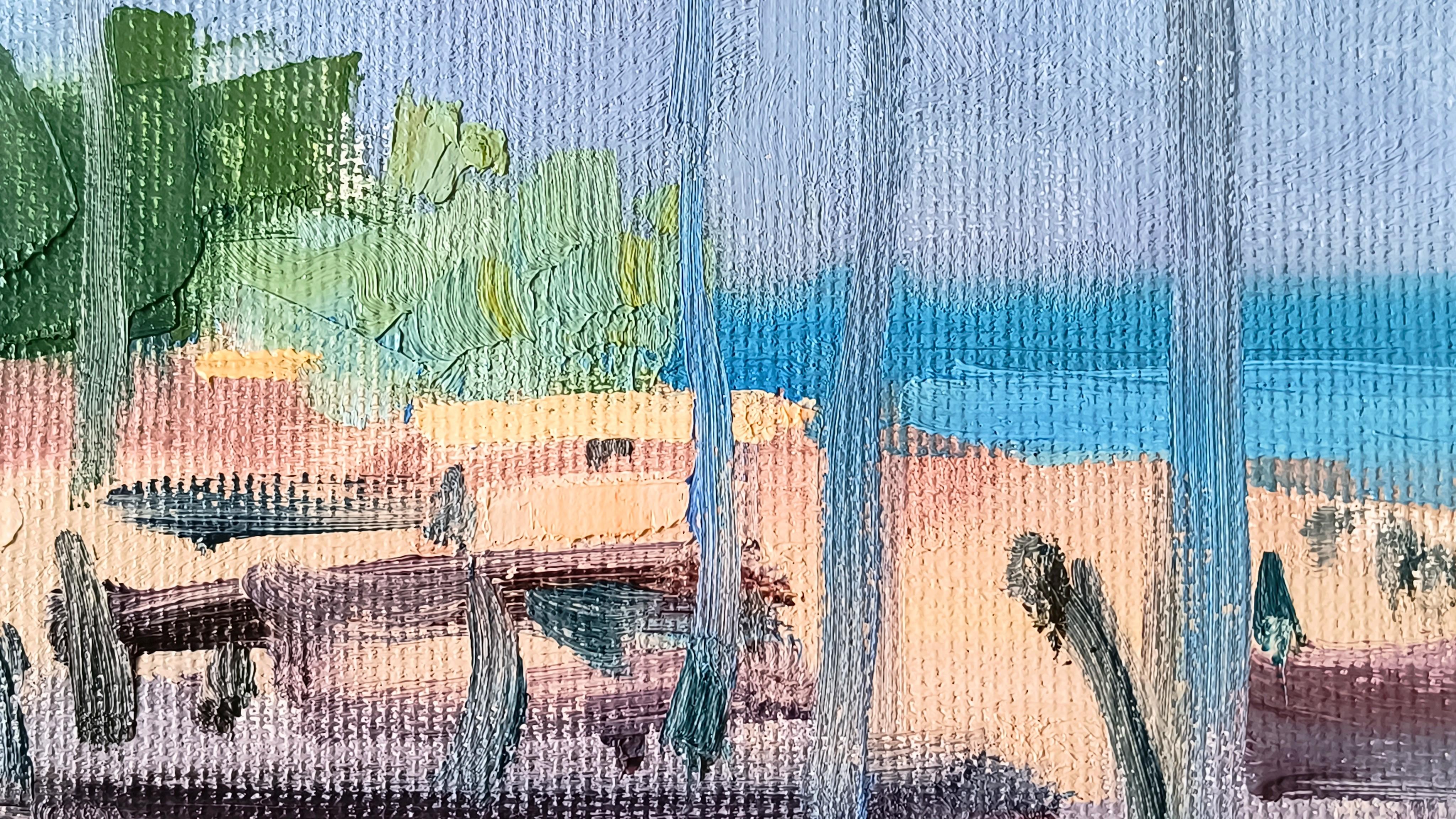 This small artwork, painted with oil on canvas, was created en plein air from life on the Mediterranean coast near Rome, in the quaint fishing village of Torvaianica.

The painting captures the serene atmosphere of a hot afternoon, with the quiet