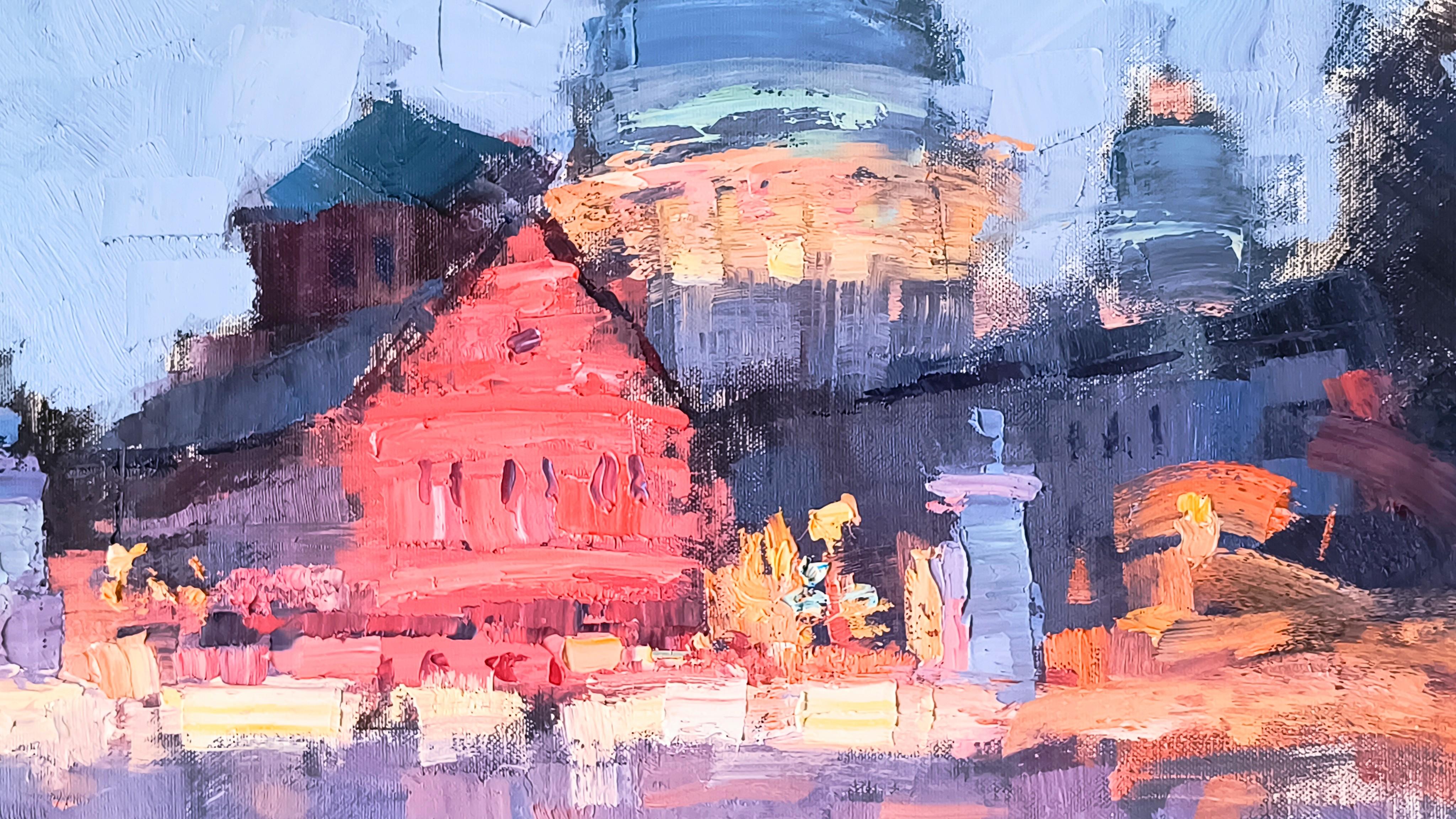 Luce serale. Landschaftsmalerei, Impressionismus, horizontal, Abend, Stadt im Angebot 6