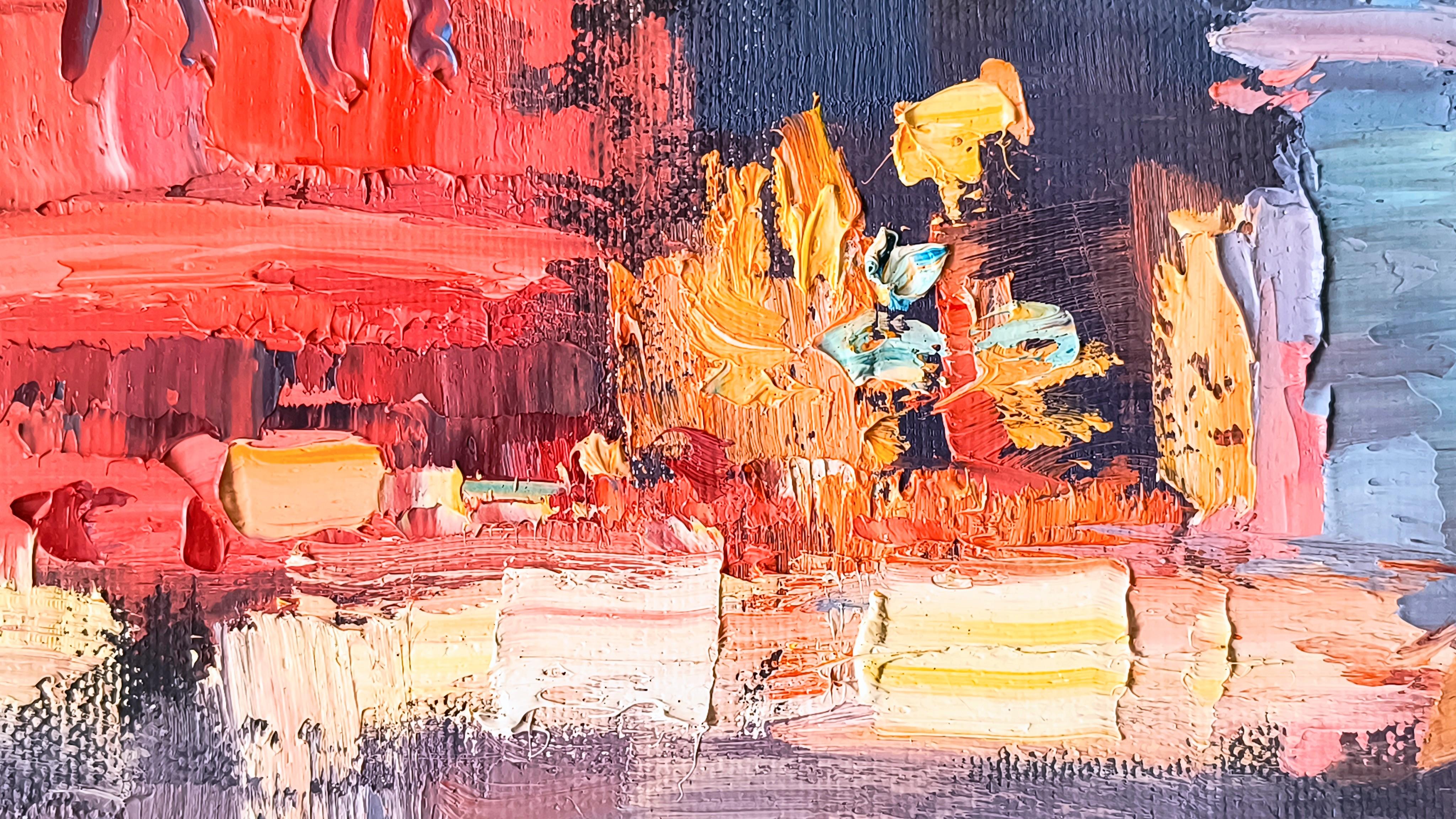 Luce serale. Landschaftsmalerei, Impressionismus, horizontal, Abend, Stadt – Painting von Olga Silivanchyk