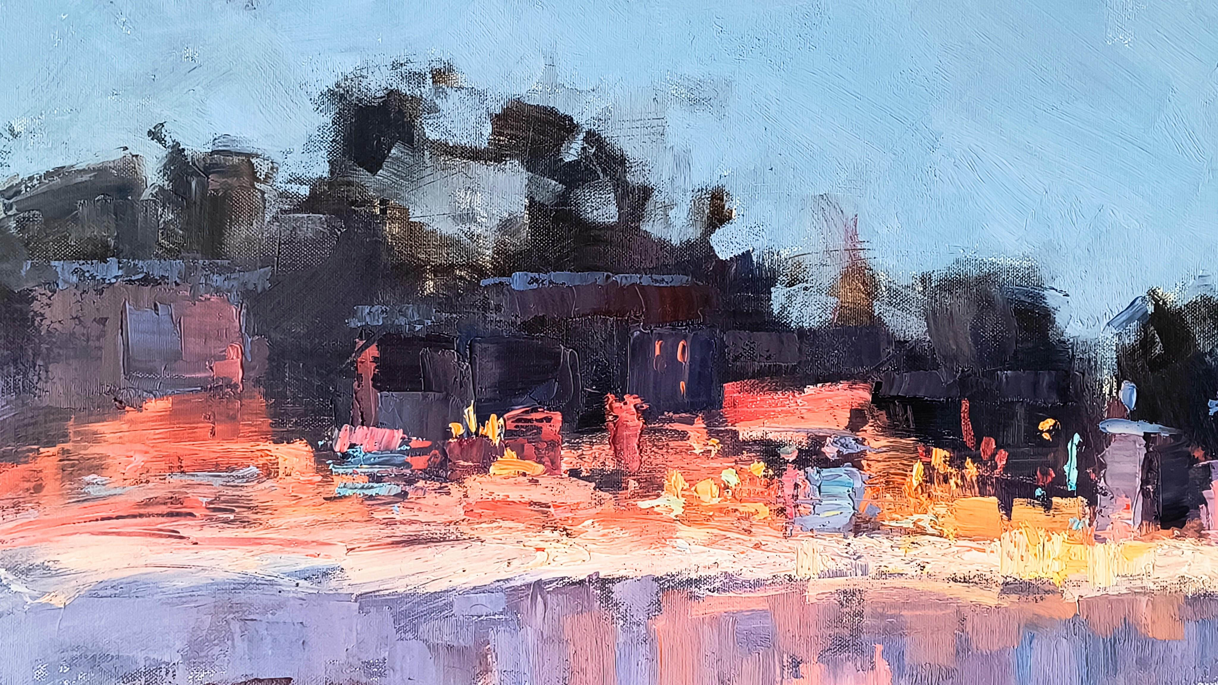 Luce serale. Landschaftsmalerei, Impressionismus, horizontal, Abend, Stadt im Angebot 4