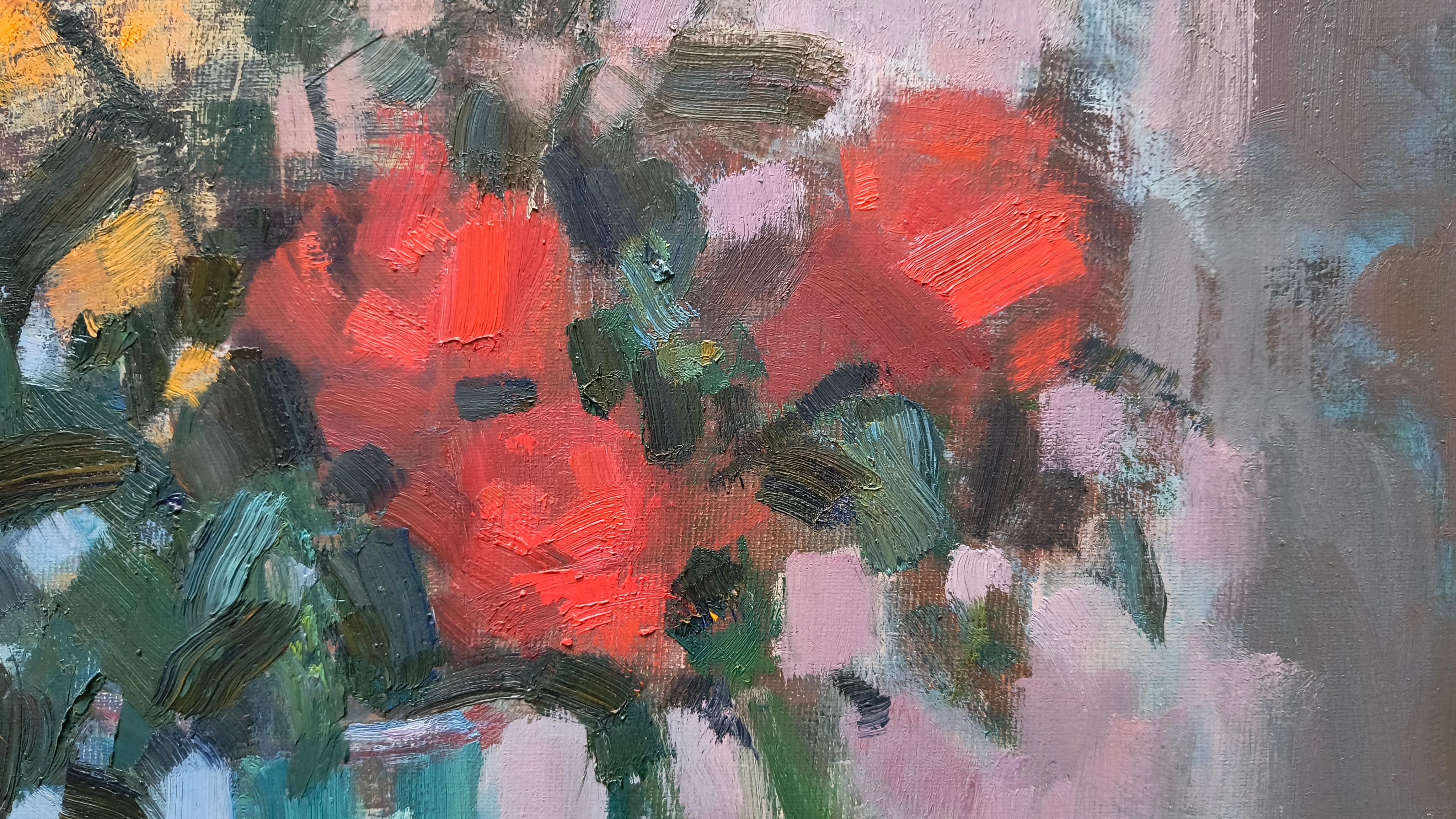 Natura morta con le rose. Naturaleza muerta, rosas, pintura al óleo, floral, lienzo. en venta 1