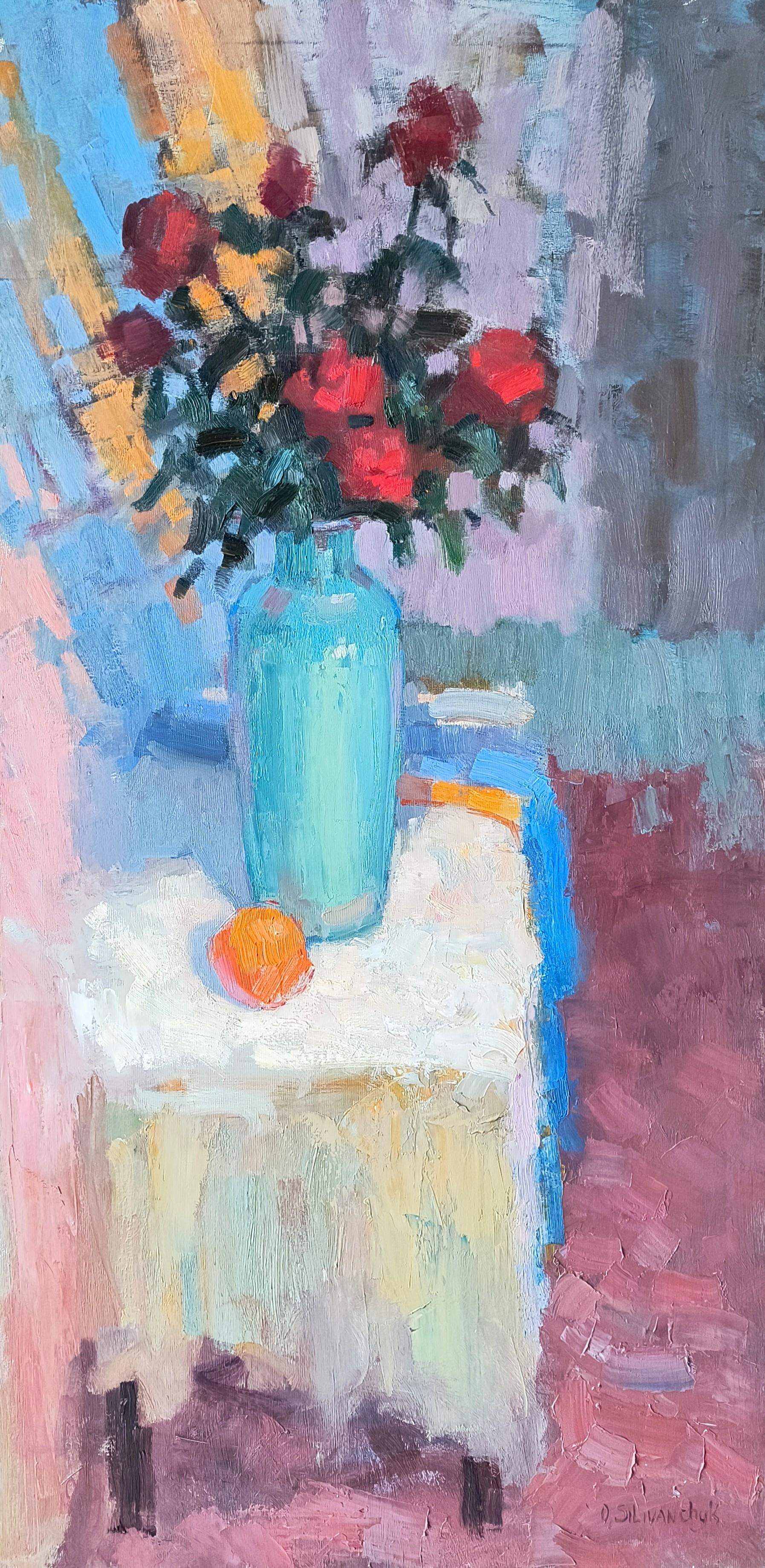 Still-Life Painting de Olga Silivanchyk - Natura morta con le rose. Naturaleza muerta, rosas, pintura al óleo, floral, lienzo.