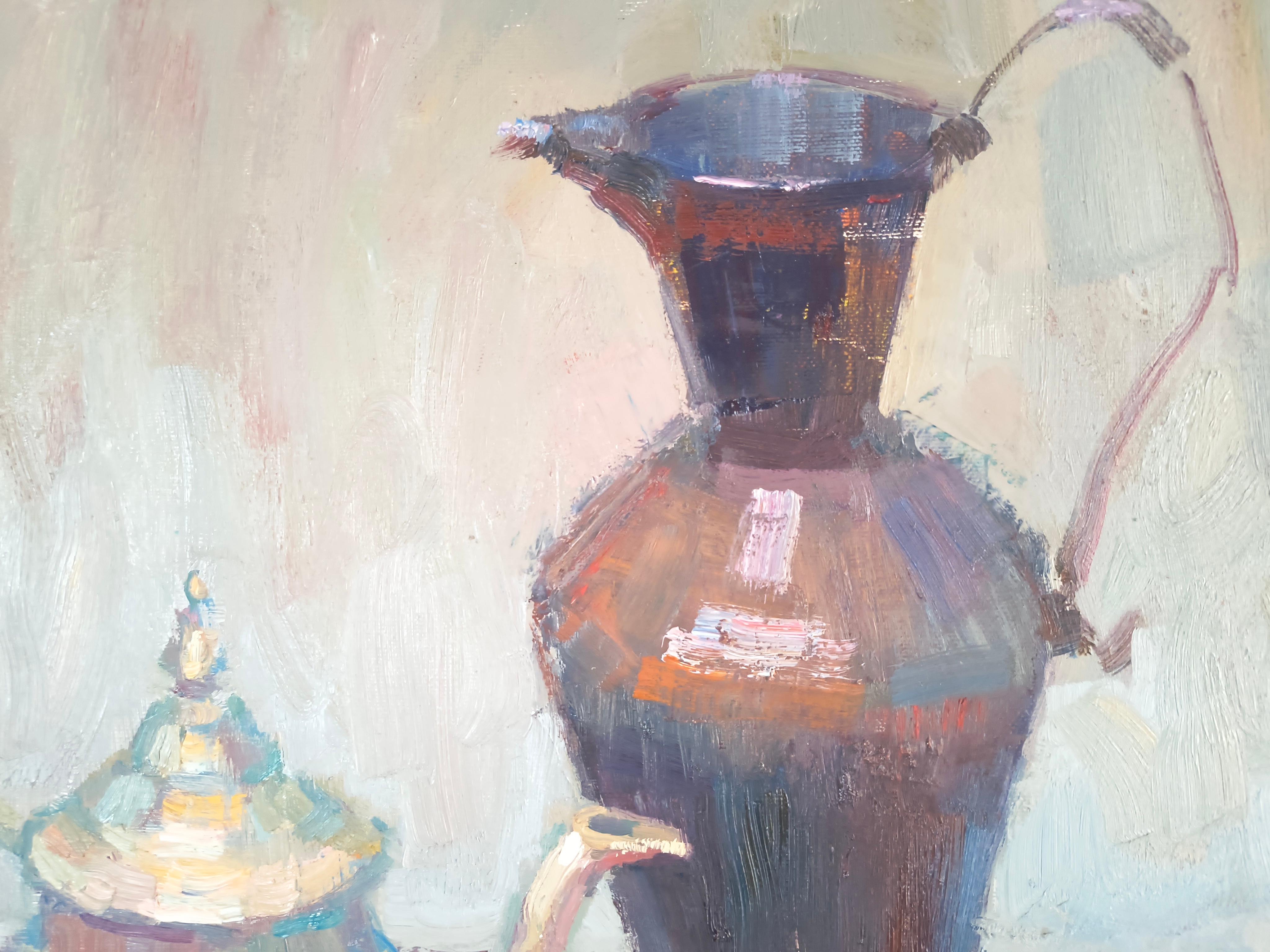 Bodegón oriental

Este óleo sobre lienzo de 70x70 cm presenta una composición vibrante y texturada. El centro de mesa es una granada de color rojo vivo, rodeada de manzanas de color rojo intenso, que crean un llamativo contraste. Los recipientes
