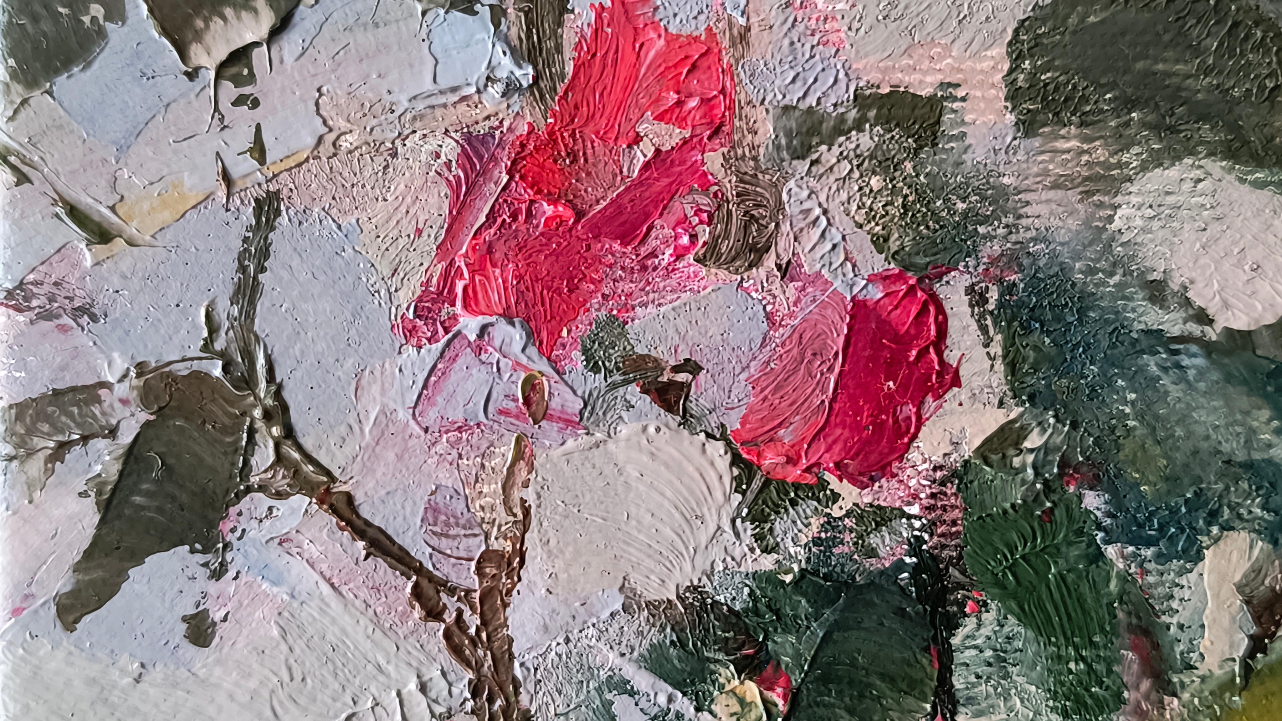 Hagebutte. Stillleben, Impressionismus, Leinwand, Ölmalerei, bildende Kunst. (Grau), Still-Life Painting, von Olga Silivanchyk