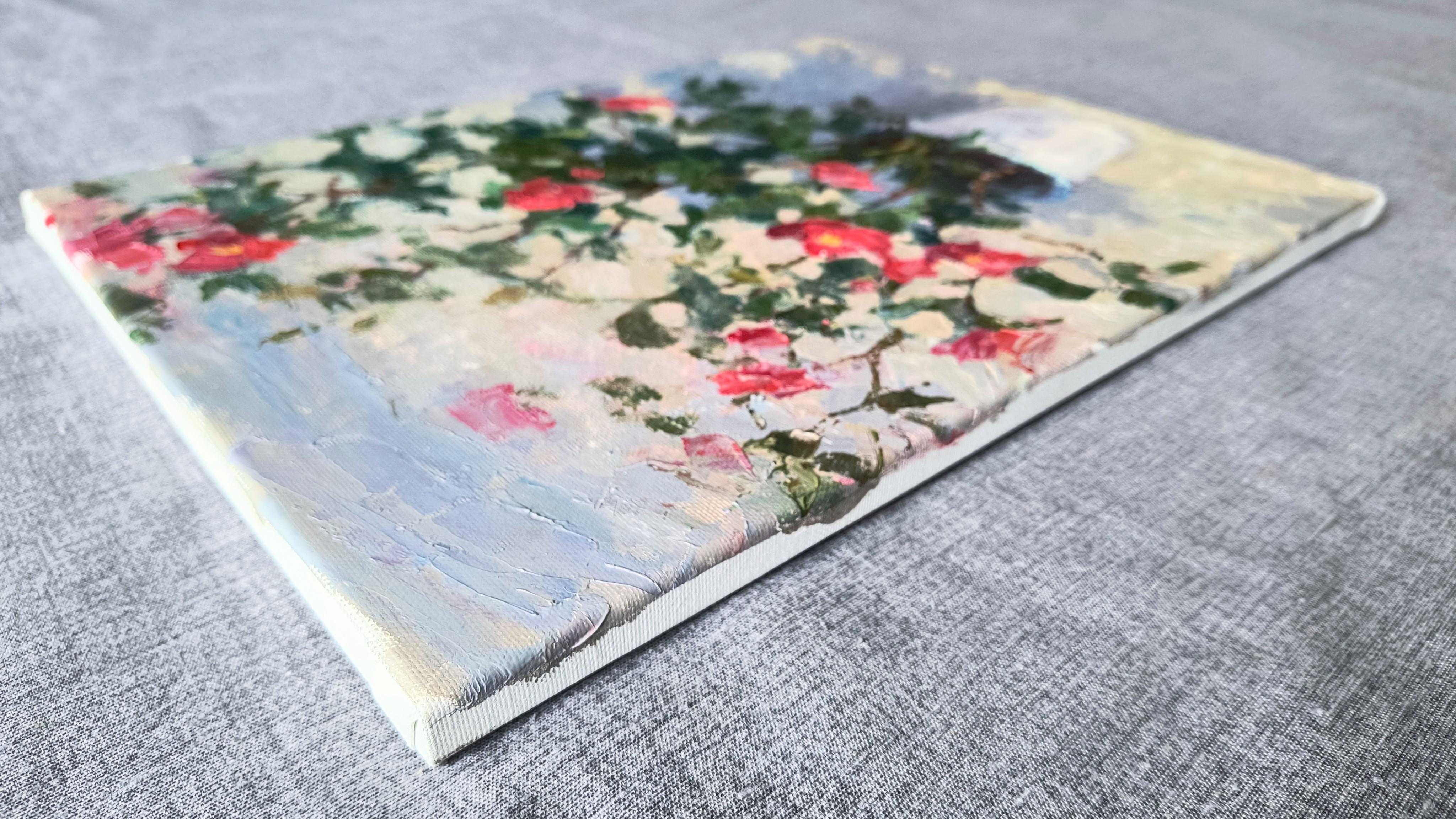 Dieses Stillleben wurde mit Ölfarben auf Leinwand gemalt und en plein air nach dem Leben gemalt. Das Kunstwerk zeigt einen jungen Hagebuttenstrauch im Topf und fängt seine zarte Energie und natürliche Schönheit ein.

Das Gemälde vermittelt ein