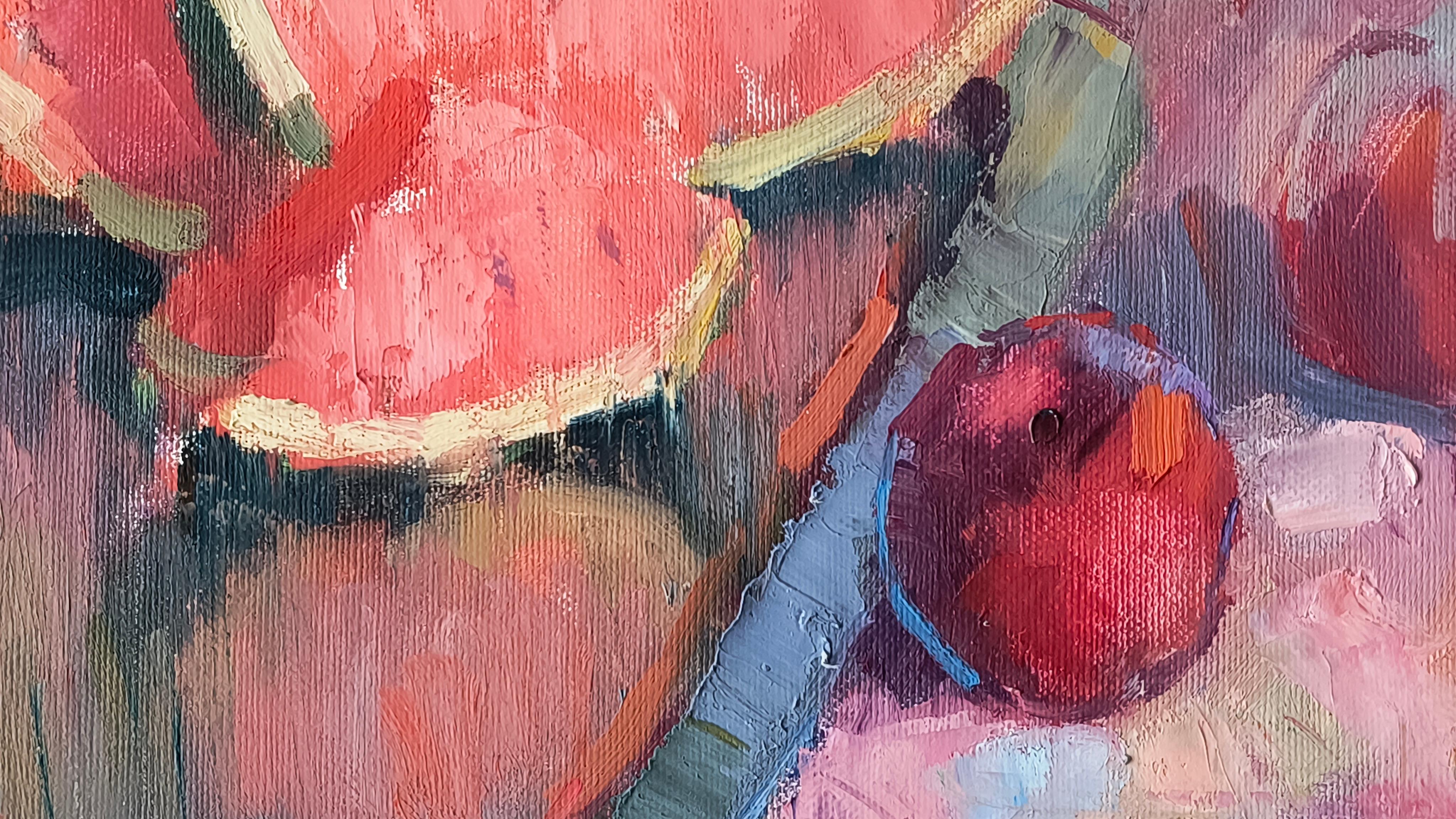 Rosso d'estate, vertical, painting, impressionism, fruits, still life For Sale 5
