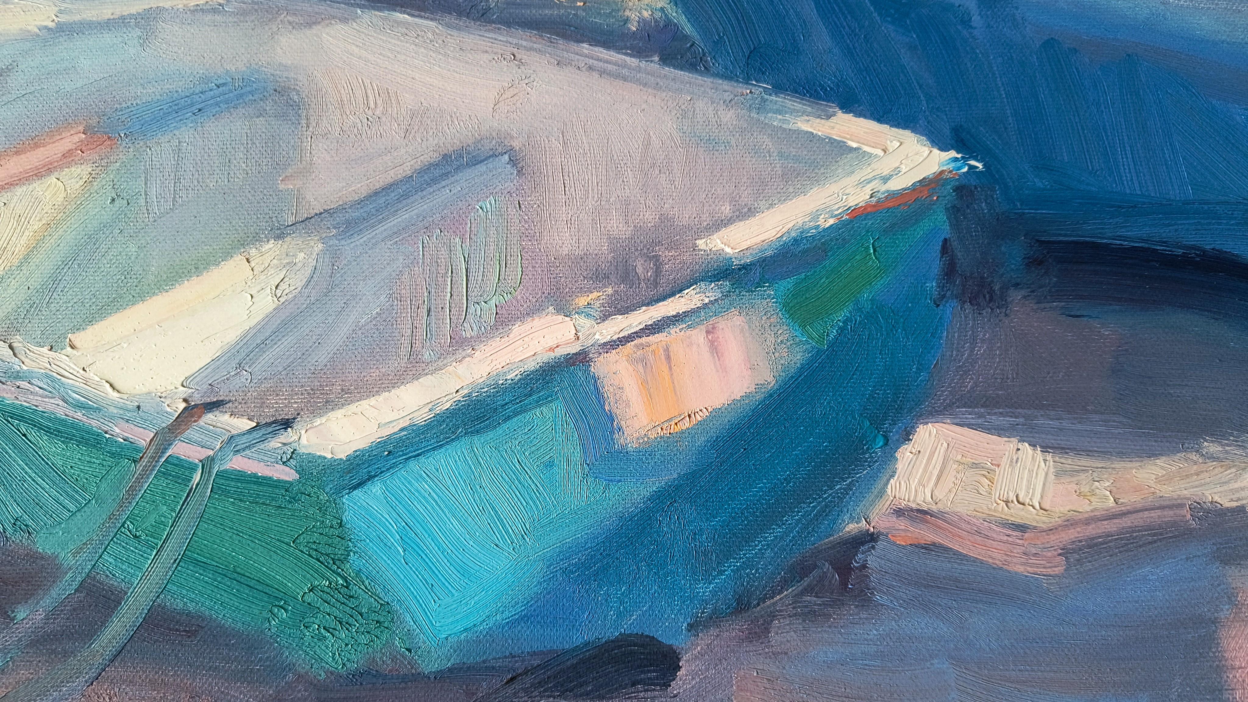 Sulla Riva. Landschaft, Meer, Morgen, Licht, Boote, Ölgemälde, Impressionismus. (Grau), Landscape Painting, von Olga Silivanchyk