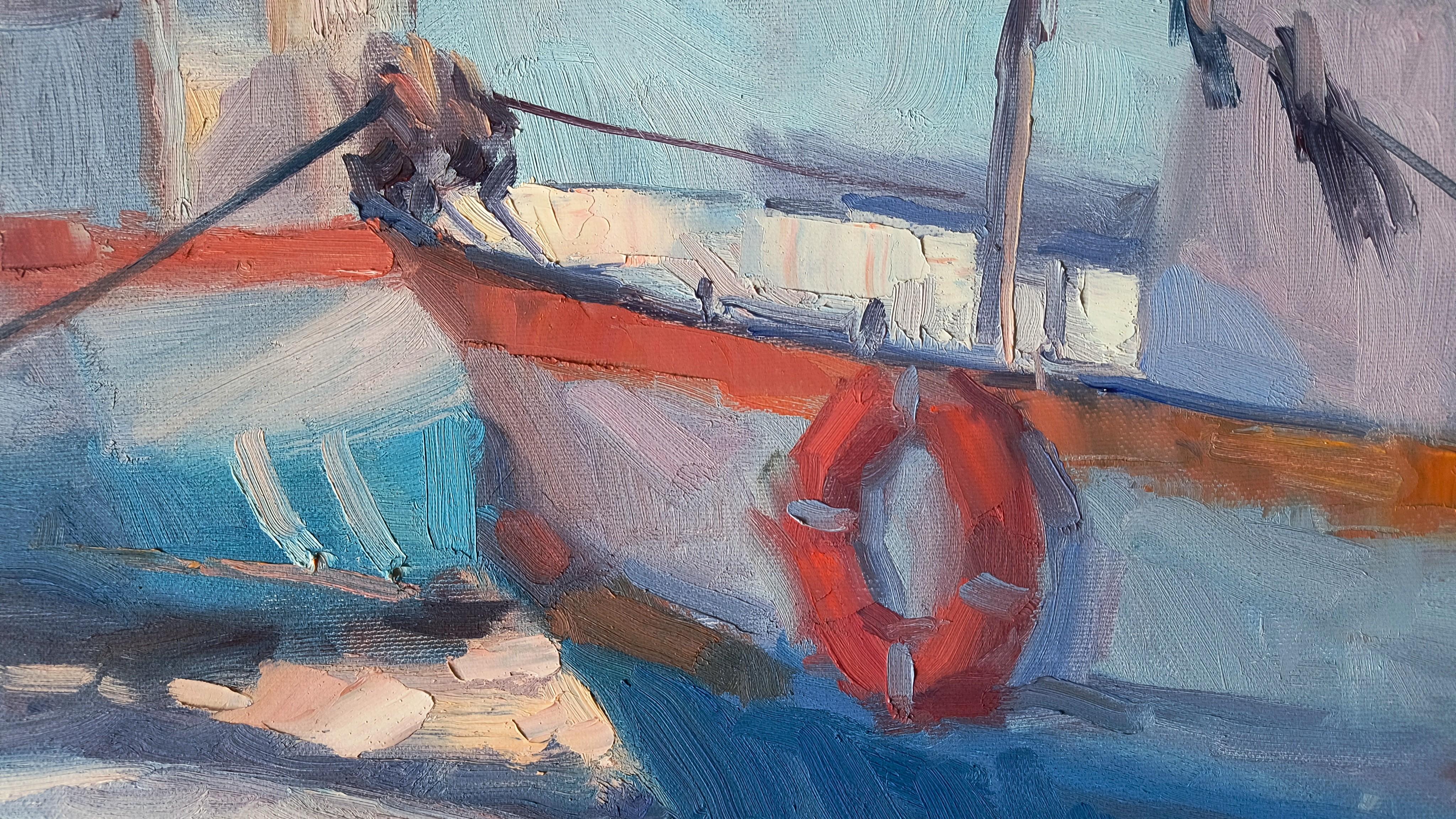 Sulla Riva. Landschaft, Meer, Morgen, Licht, Boote, Ölgemälde, Impressionismus. im Angebot 2