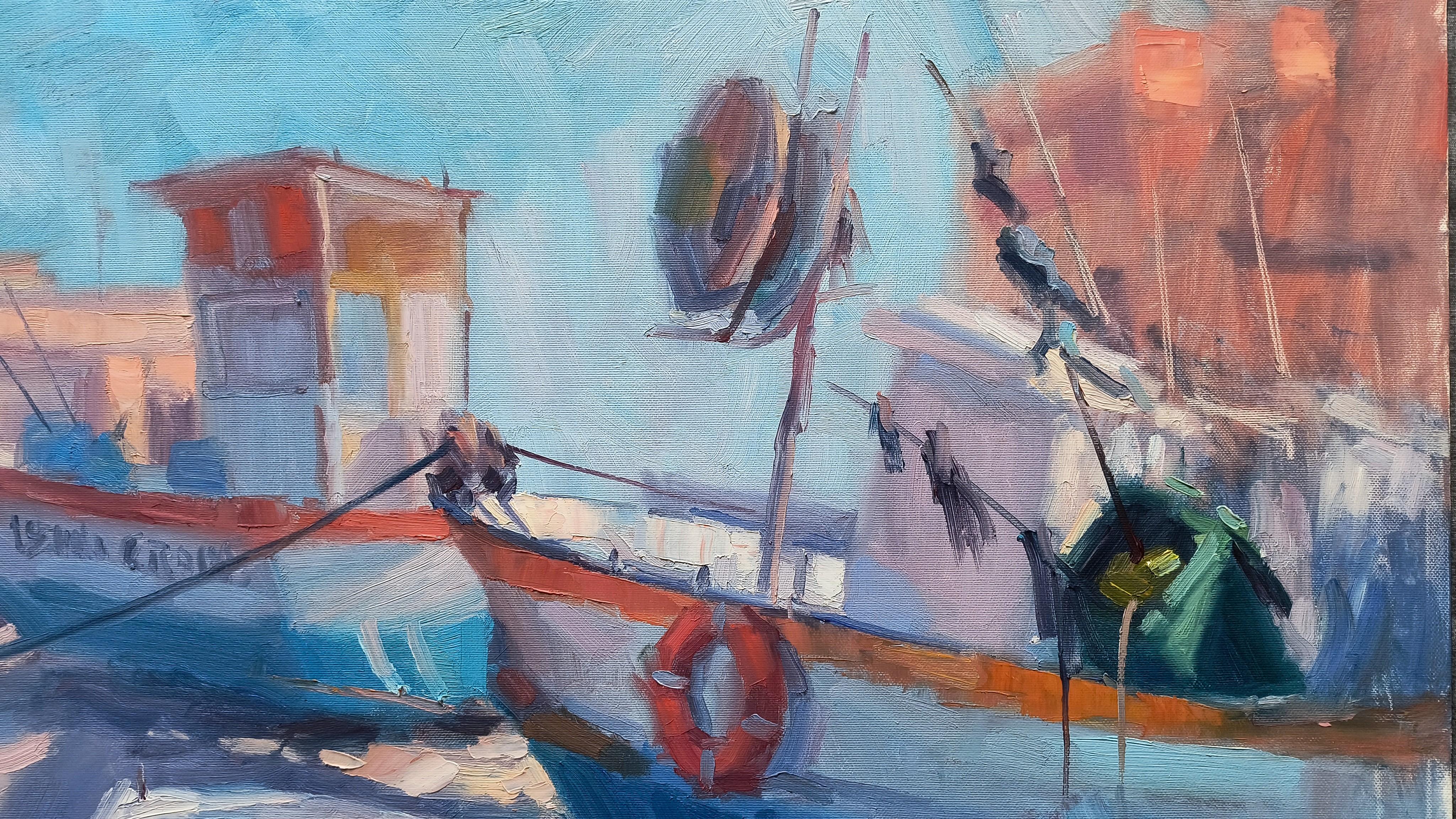 Sulla Riva. Landschaft, Meer, Morgen, Licht, Boote, Ölgemälde, Impressionismus. im Angebot 5