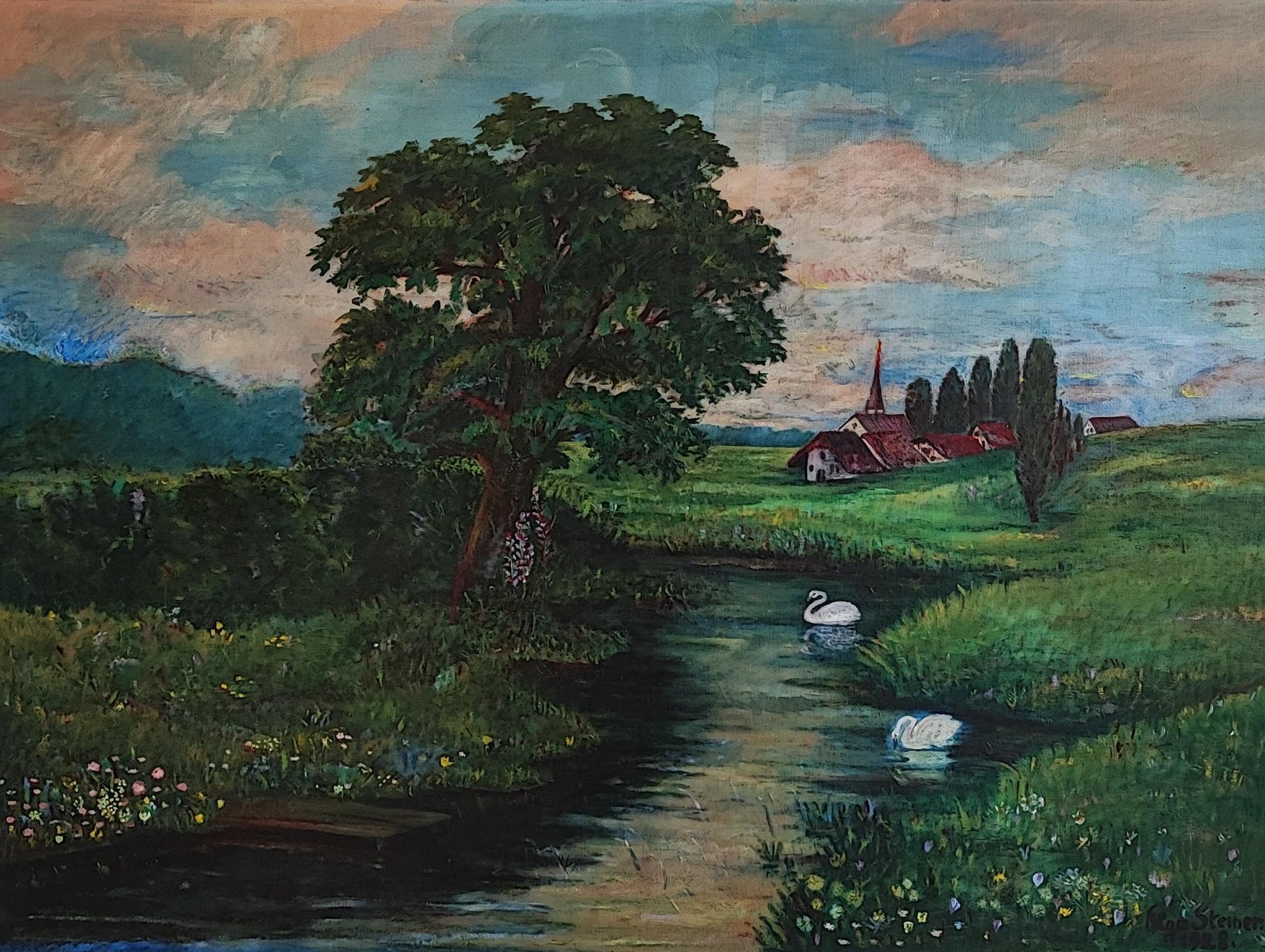 Olga Steiner Landscape Painting – Schwanenfahrt