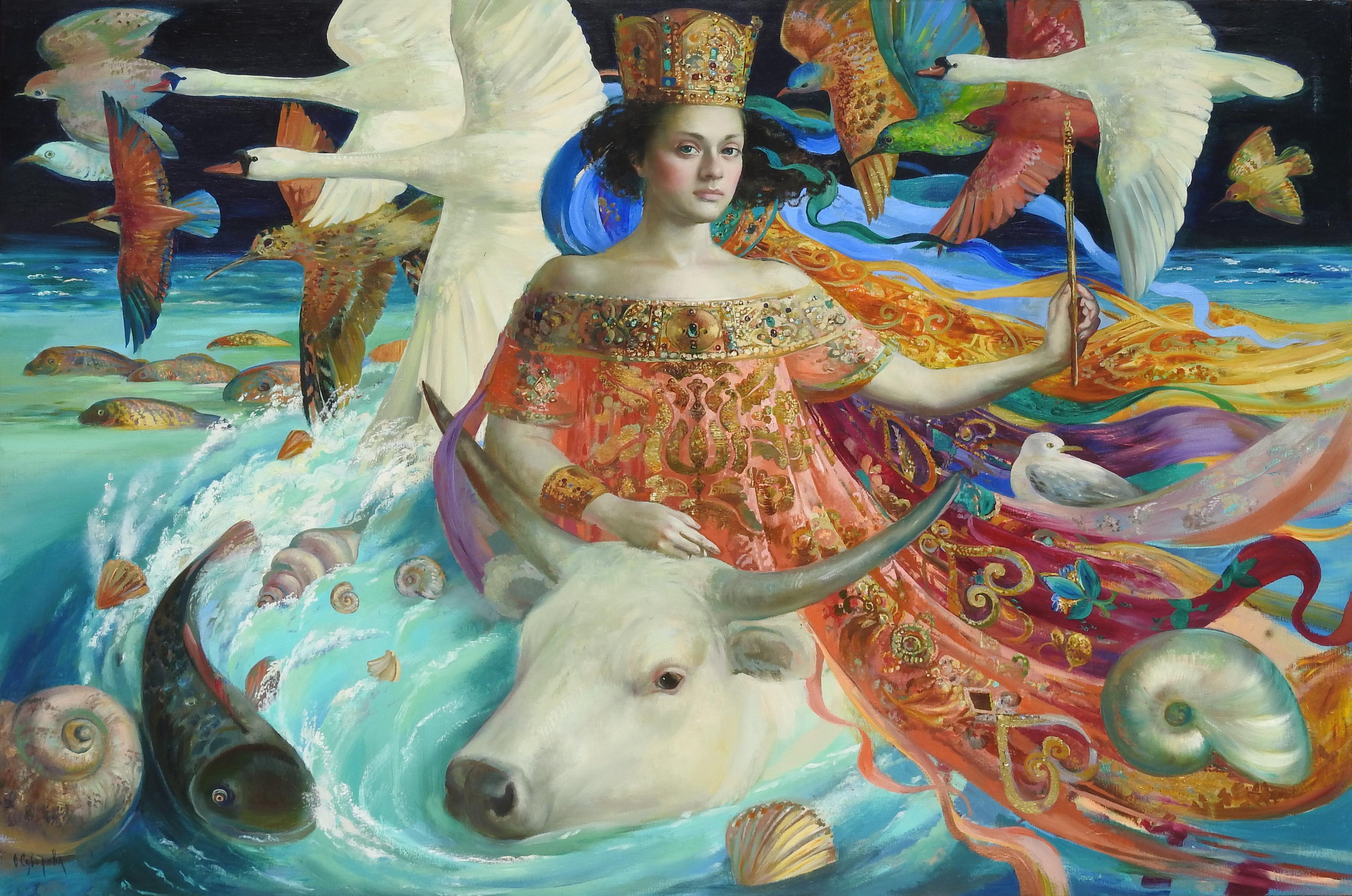Olga Suvorava Figurative Painting - "Abduction of Europa", Olga Suvorova, Oil on Canvas, 36x53 in., Fantasy Realism