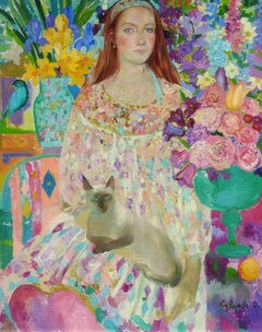 "Tania", Olga Suvorova, Olio su tela, Realismo figurativo, Gatto, Floreale, 42x31