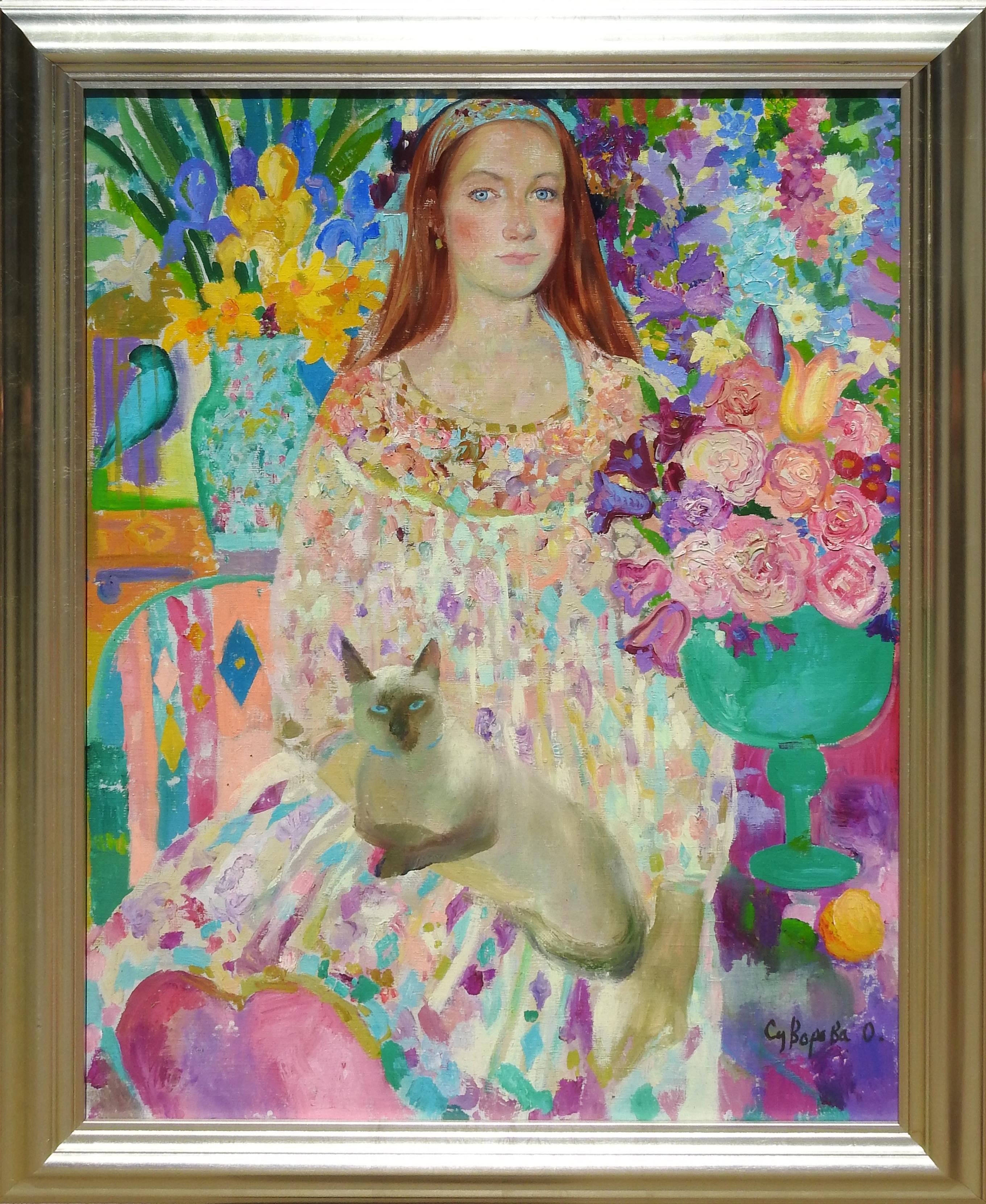 Olga Suvorava Figurative Painting - "Tania", Olga Suvorova, Oil on Canvas, Figurative Realism, Cat, Floral, 42x31 
