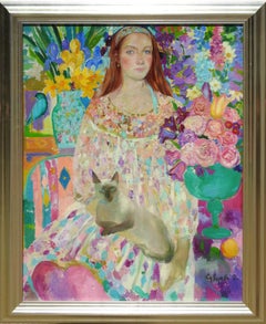 "Tania", Olga Suvorova, Oil on Canvas, Figurative Realism, Cat, Floral, 42x31 