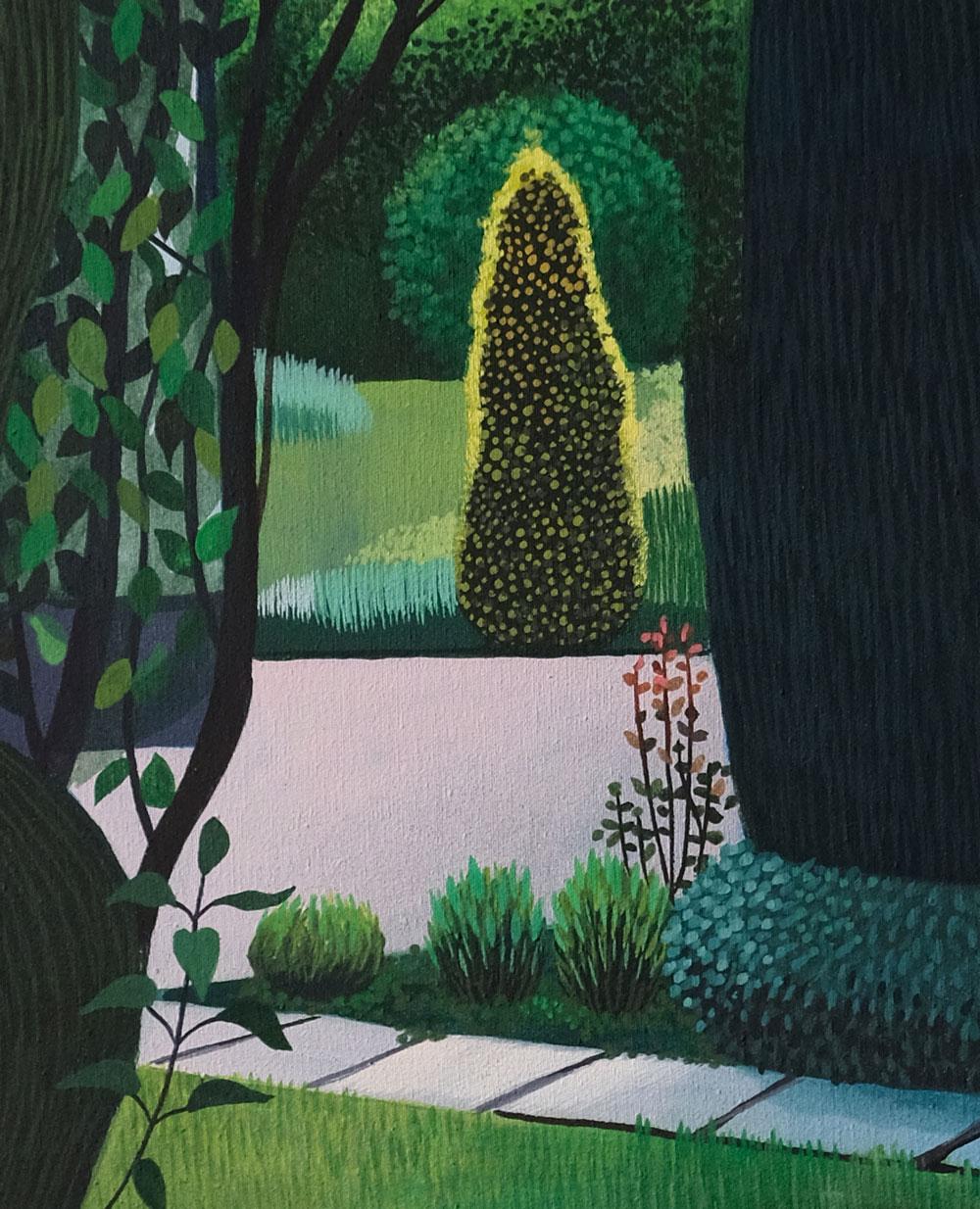 Jardin de Grandma - peinture de paysage, peinture minimaliste - Painting de Olga Szczechowska