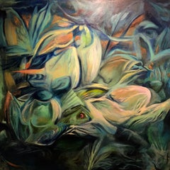« Green Flowers (part 1 of 2) », huile sur toile - Abstraction géométrique 