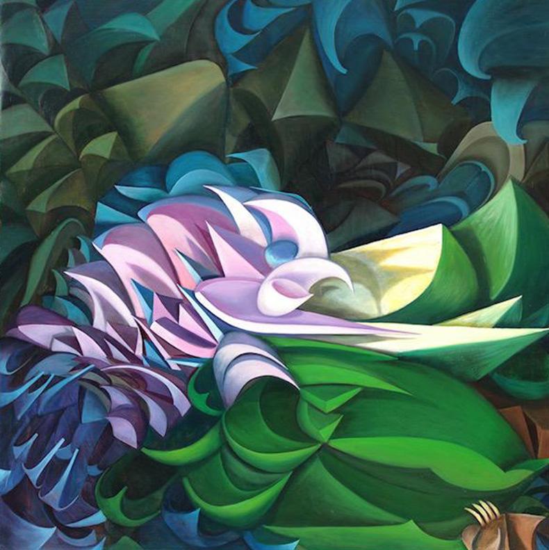„Rosa-Blaue Vögel Blumen,“ Öl auf Leinwand – Geometrische Abstraktion  – Painting von Olga Tobreluts