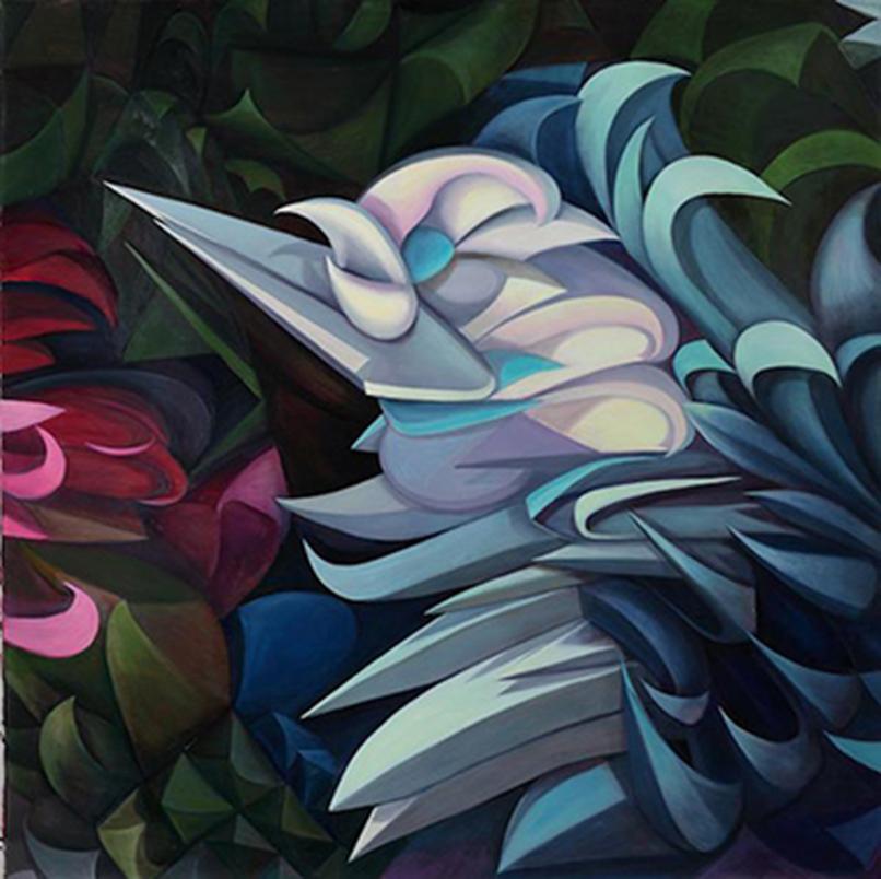 In diesem Gemälde wählt Tobreluts eine sanftere Herangehensweise an ihre charakteristische geometrisch-abstrakte Technik. Die geometrischen Formen beginnen, einen organischeren Charakter auszudrücken - sie biegen und fallen, um ein sanfteres und