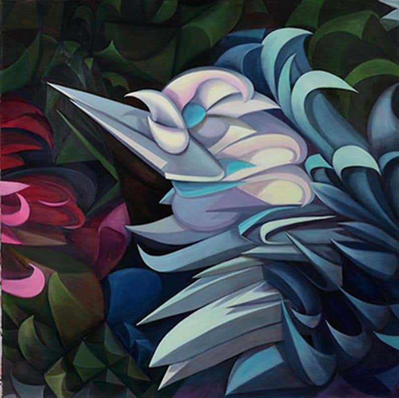 "White-Blue Birds Flowers, " Oil on Canvas, Geometric Abstraction, Russian Artist