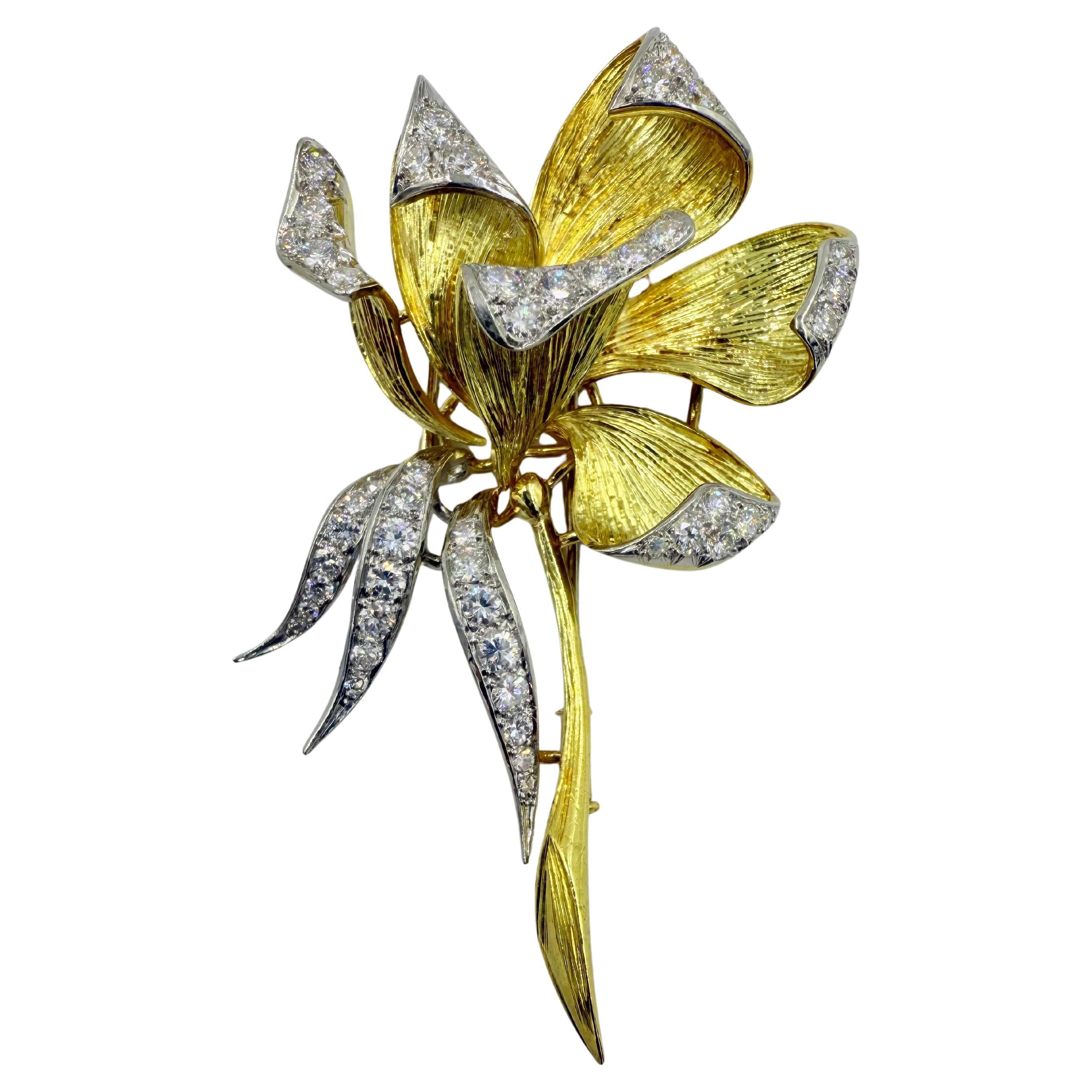 Olga Tritt 1950s Diamond Floral Yellow Gold Platinum Brooch