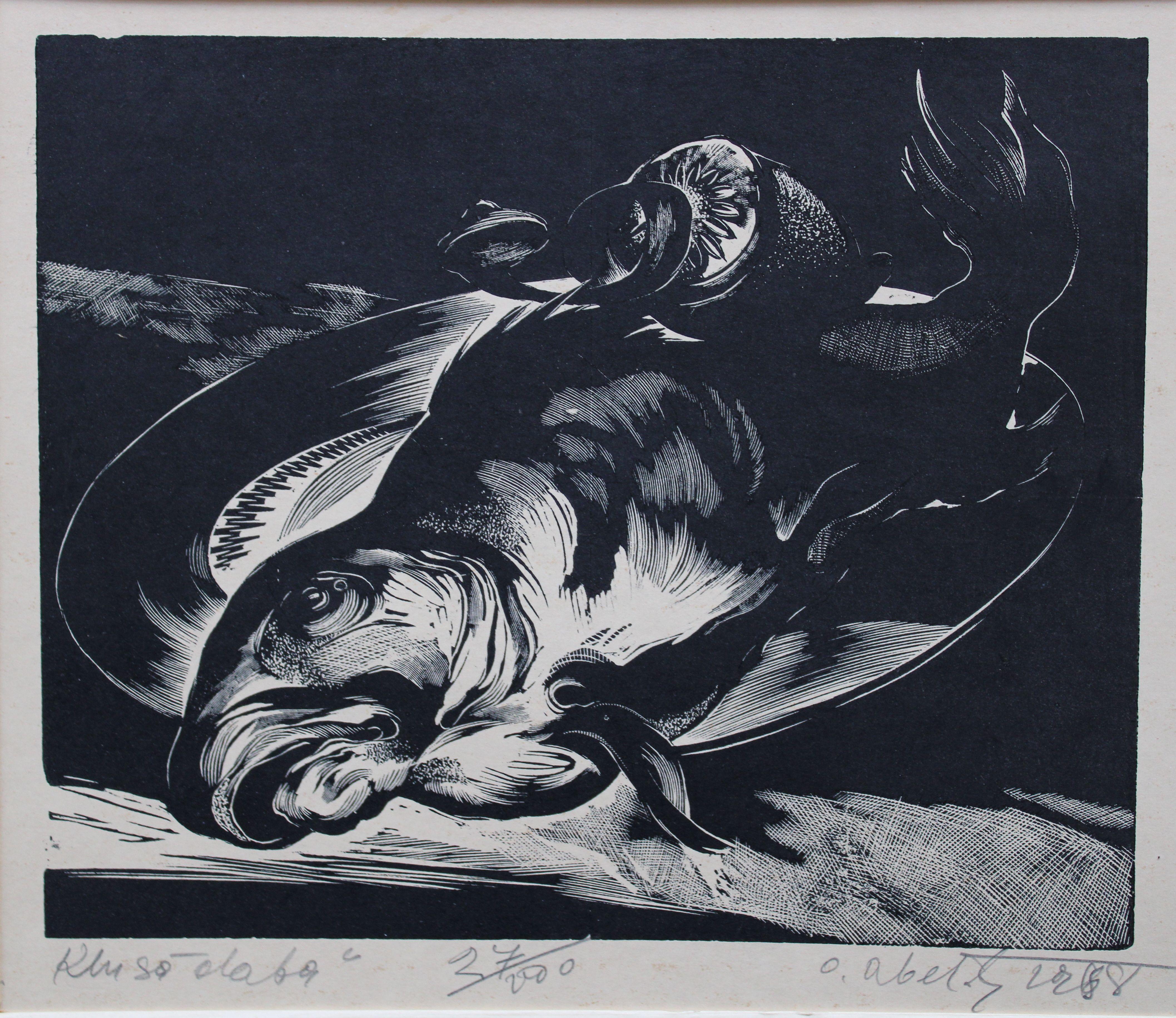 Still life 13/100. Paper, linocut, 5/100, 22x25 cm, 1967 - Print by Olgerts Abelite