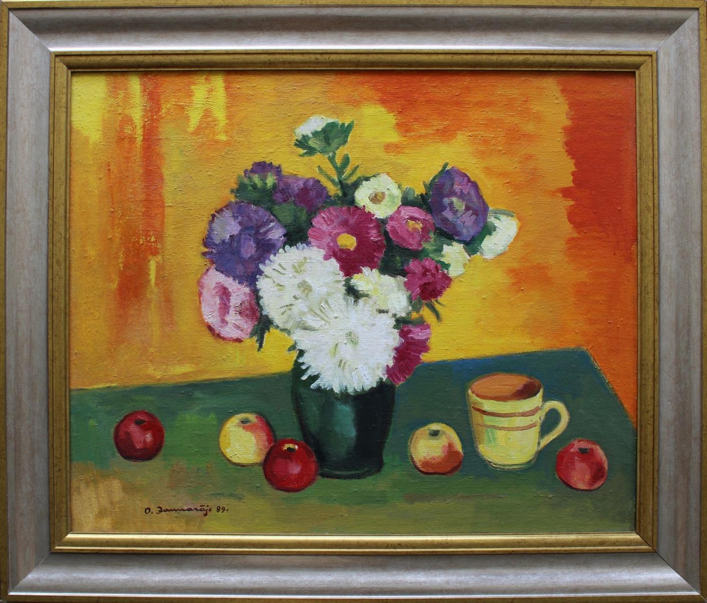 Still life with apples. 1989. Oil on canvas, 60x73 cm - Painting by Olgerts Jaunarajs