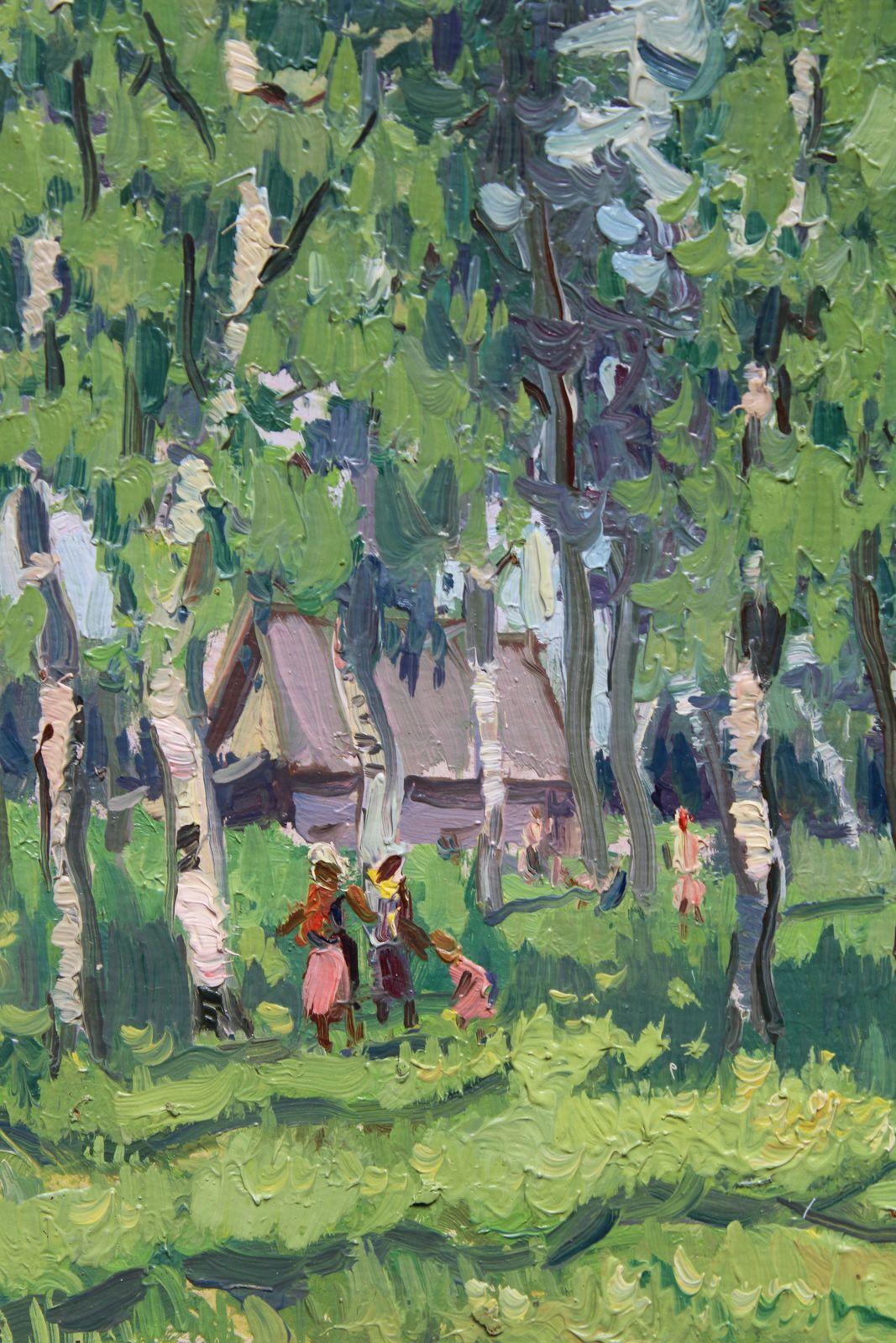Birch grove. Oil on cardboard. 27, 5 x 21, 3 cm - Impressionist Painting by Olgerts Saldavs 