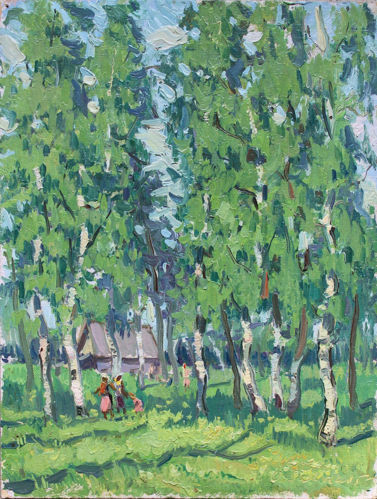 Olgerts Saldavs  Figurative Painting - Birch grove. Oil on cardboard. 27, 5 x 21, 3 cm