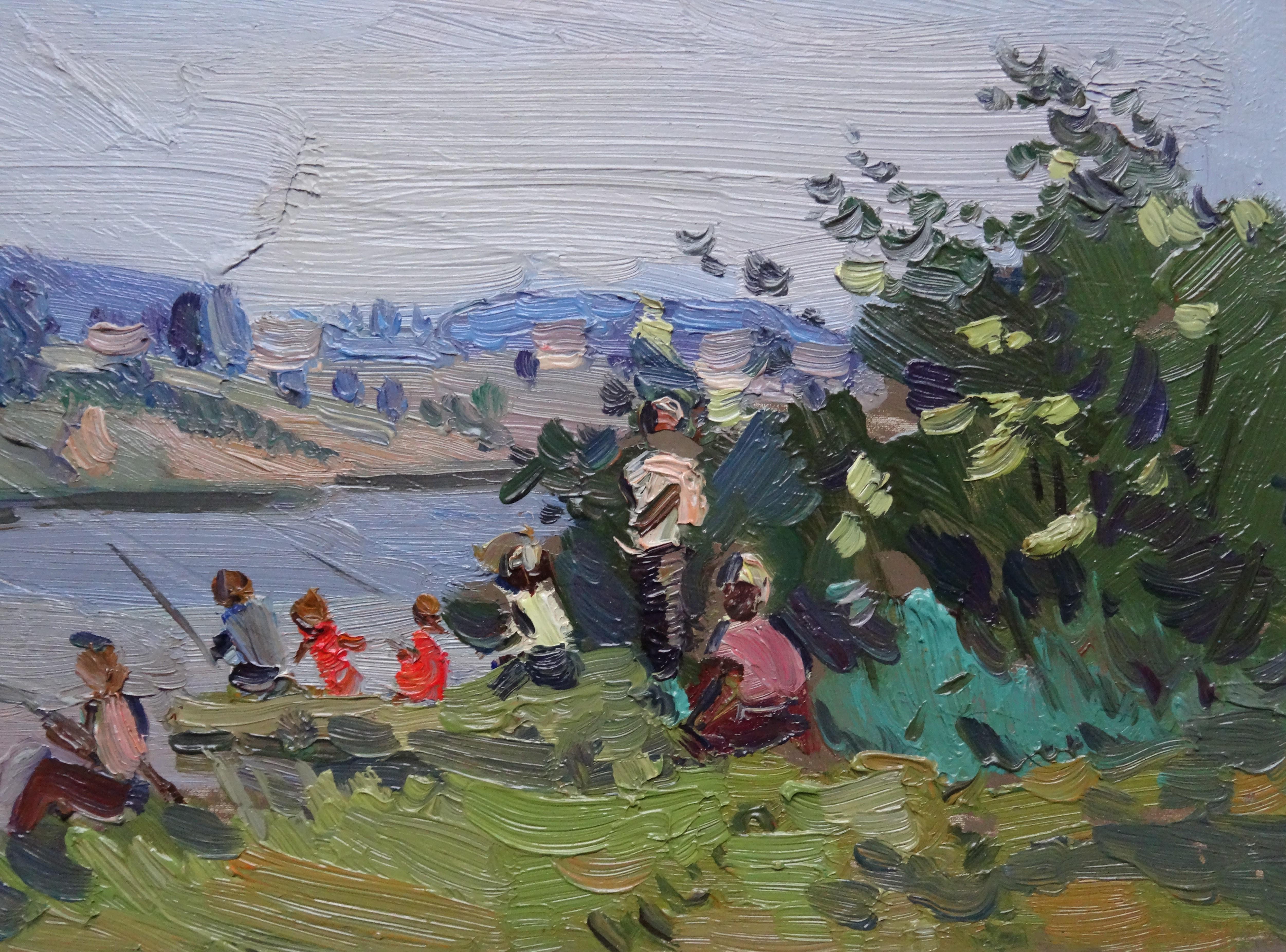 Fishermen by the river. Oil on cardboard, 20, 6x29, 6 cm - Painting by Olgerts Saldavs 