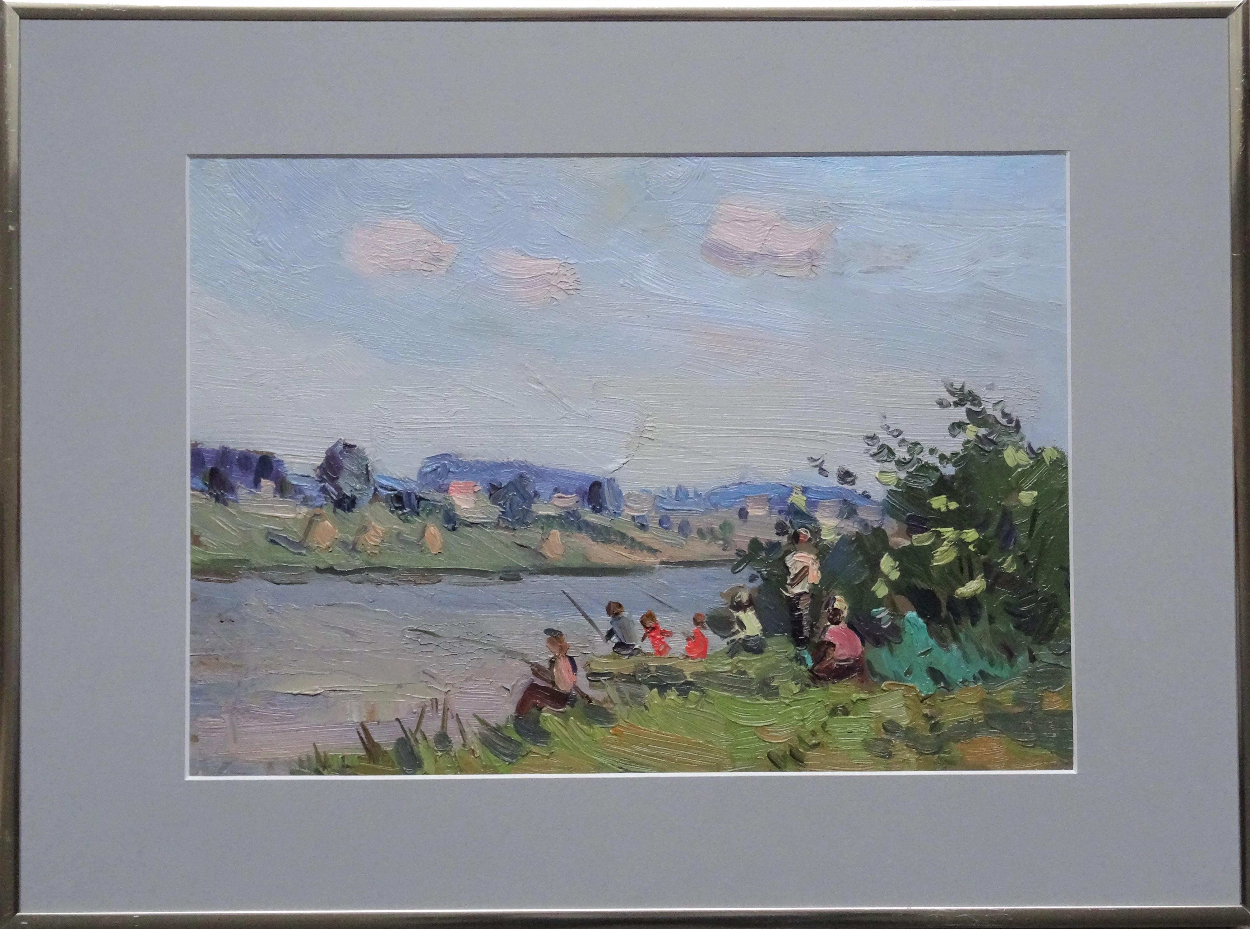 Fishermen by the river. Oil on cardboard, 20, 6x29, 6 cm - Gray Landscape Painting by Olgerts Saldavs 