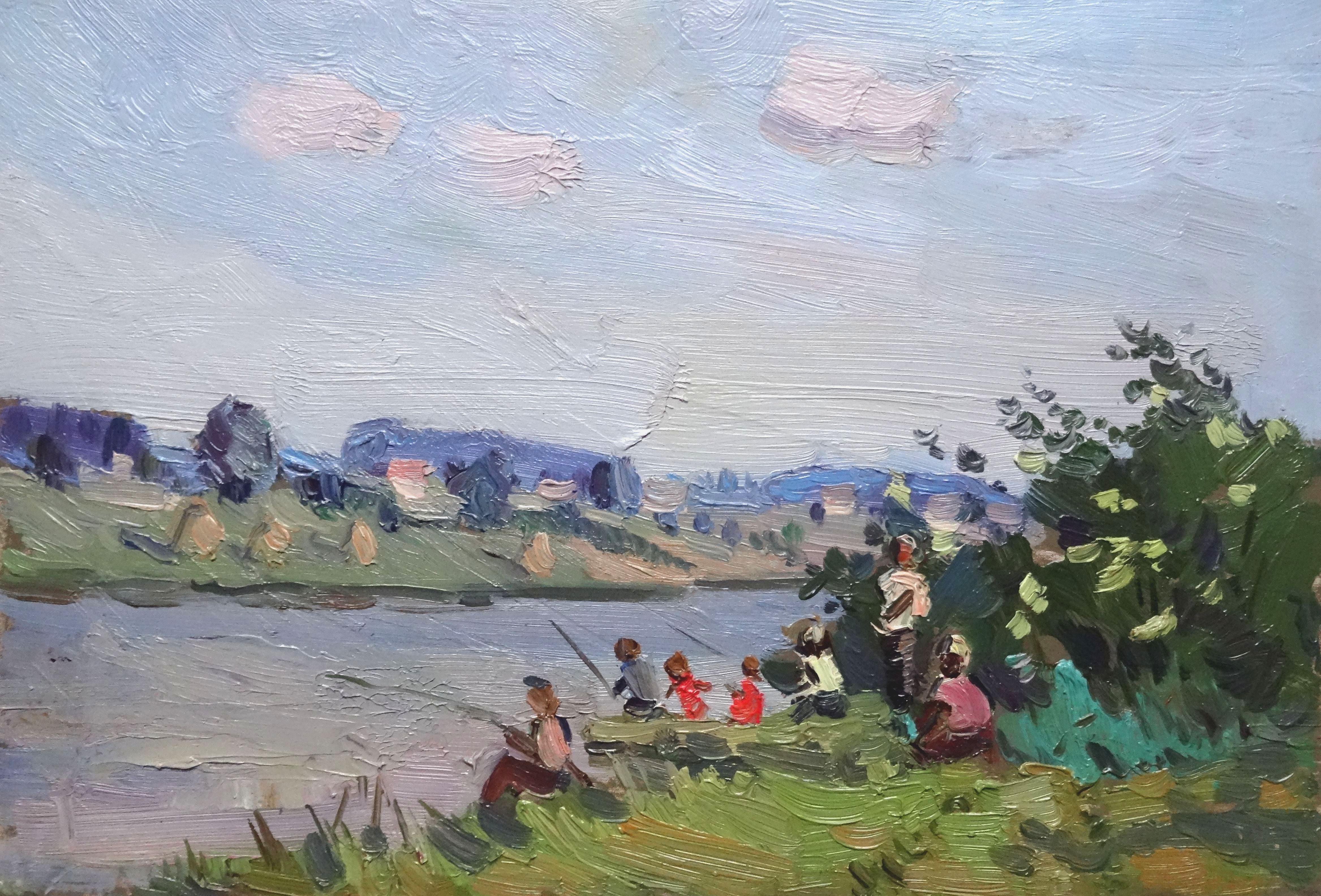 Olgerts Saldavs  Landscape Painting – Fischer am Fluss. Öl auf Karton, 20,6x29,6 cm