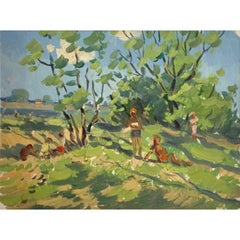 Sunbathing in the meadow. 1956, oil on cardboard, 22х29 сm