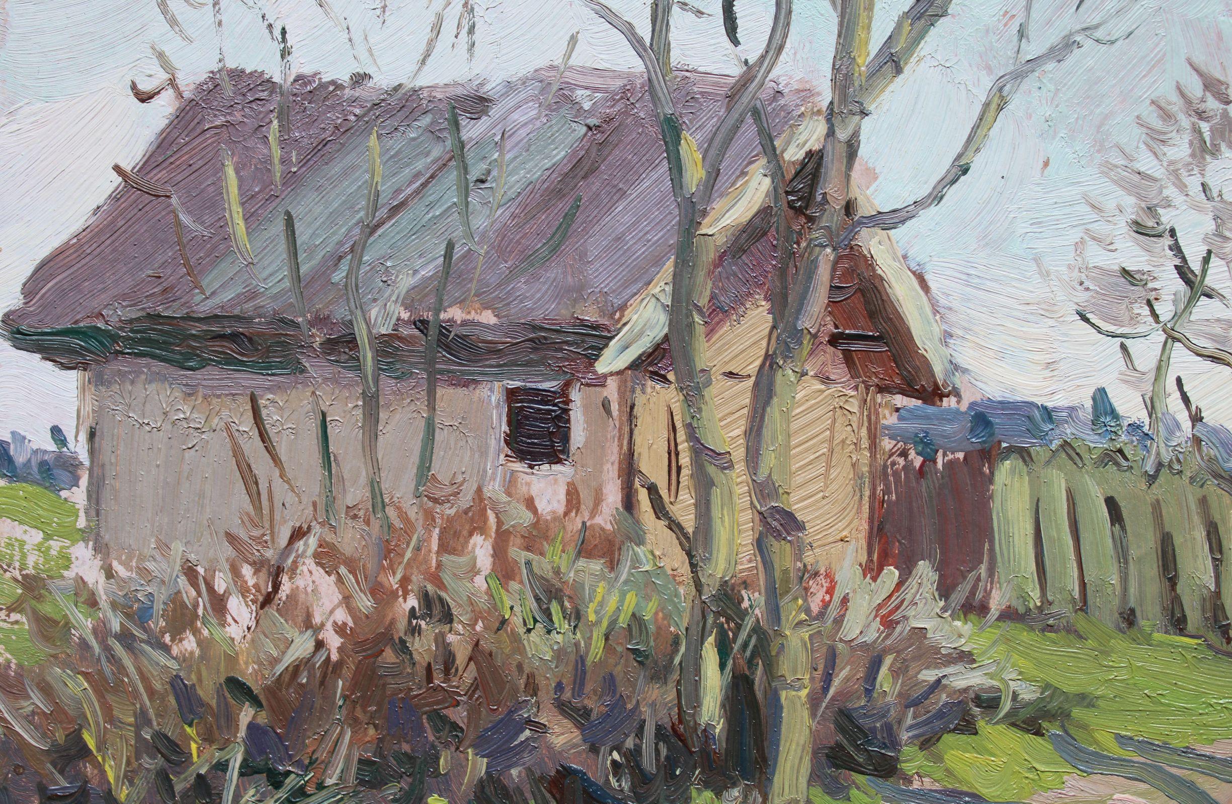 To shed. Oil on cardboard. 21, 3 x 26, 8 cm - Impressionist Painting by Olgerts Saldavs 