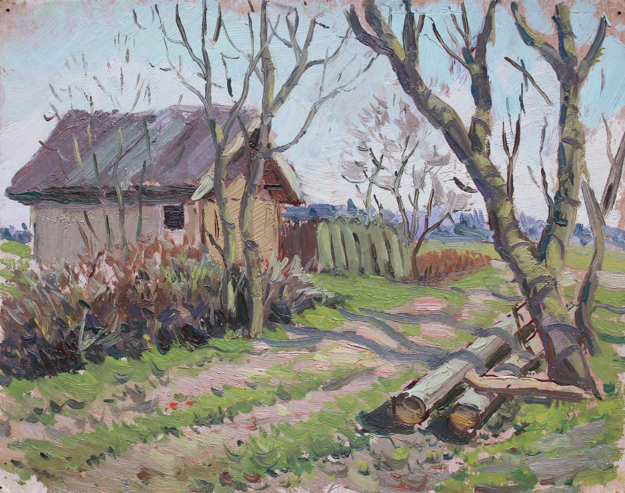 Olgerts Saldavs  Landscape Painting - To shed. Oil on cardboard. 21, 3 x 26, 8 cm