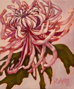 Crisantemo, naturaleza muerta impresionista, acrílico y pastel sobre lienzo